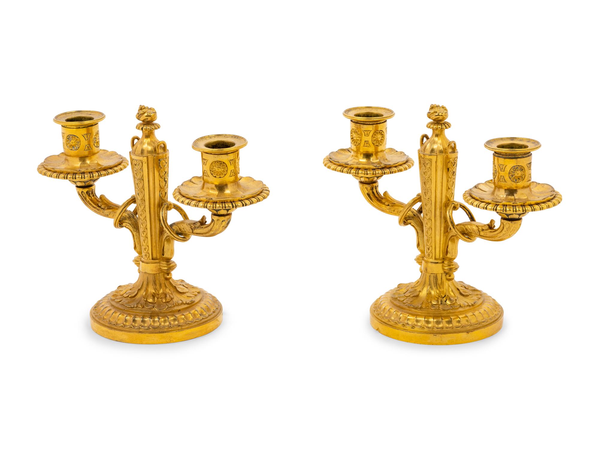 A Pair of Baltic Neoclassical Gilt Bronze Two-Light Candelabra