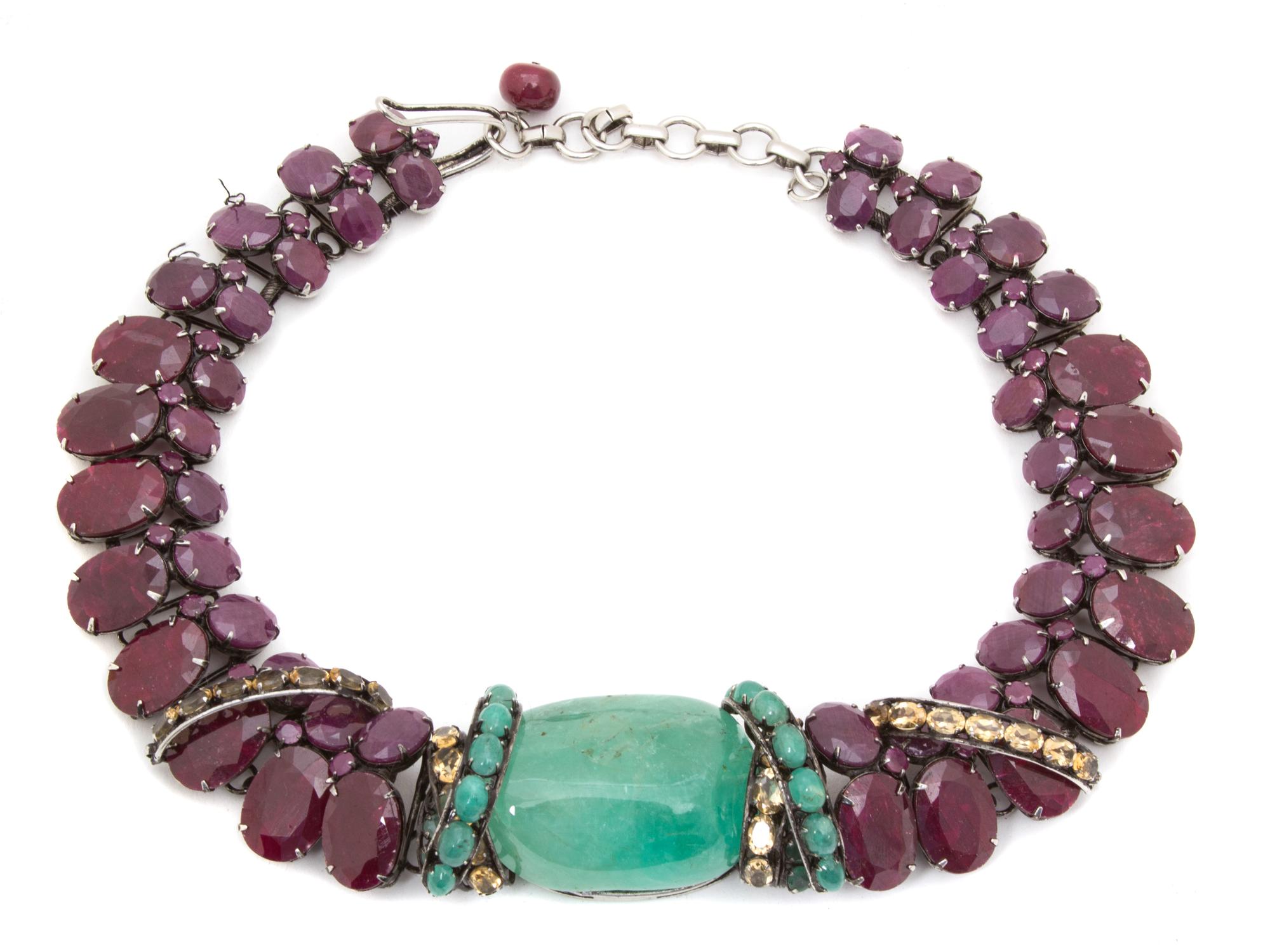 An Iradj Moini Emerald and Ruby Necklace, 17" x 1.5".