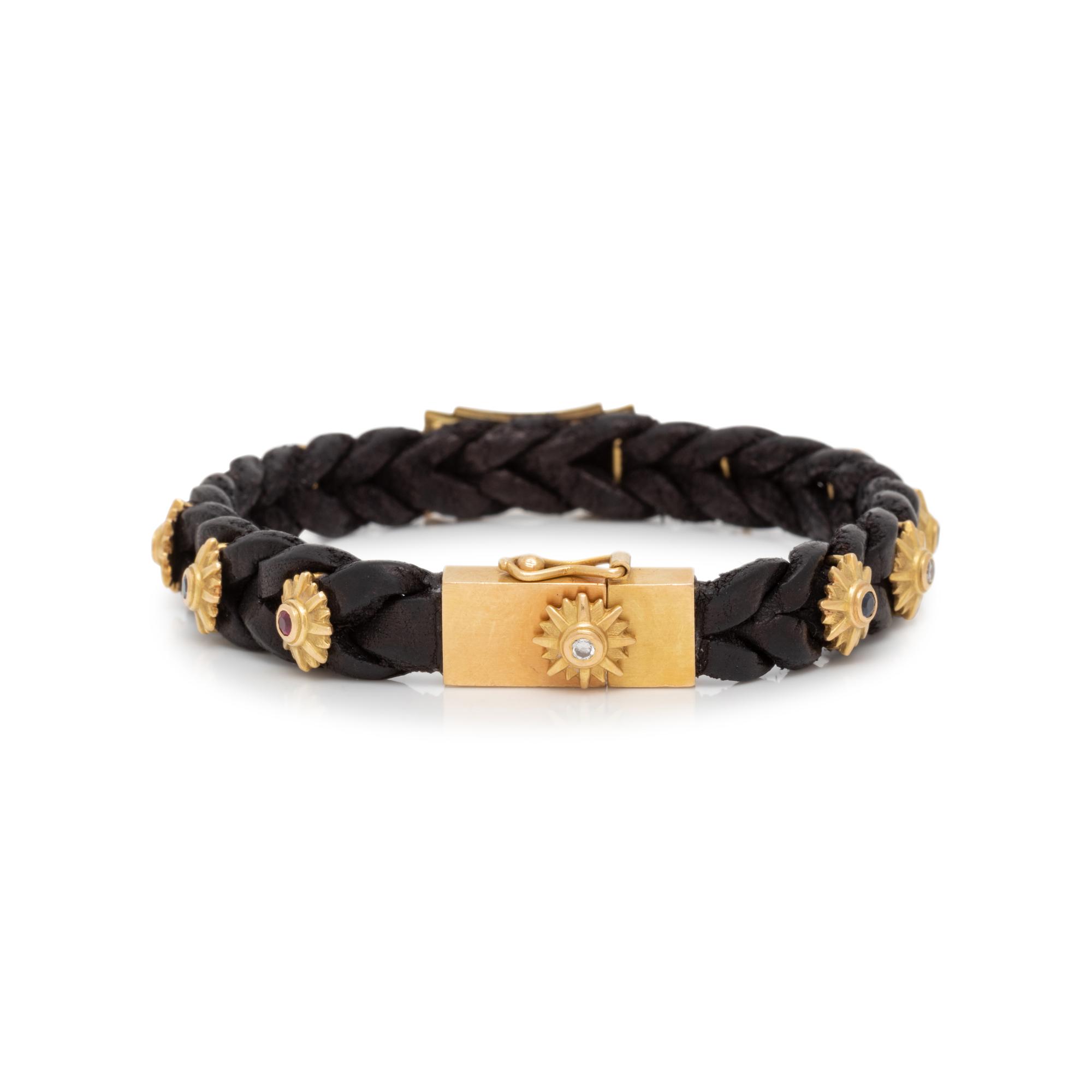LEATHER, YELLOW GOLD, GEMSTONE AND DIAMOND BRACELET