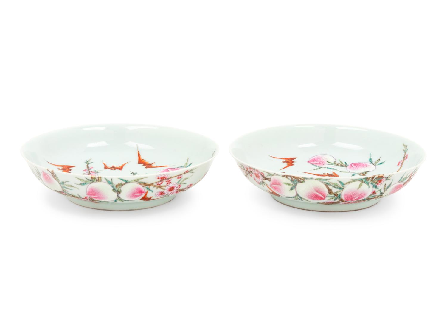 A Pair of Chinese Famille Rose Porcelain 'Bats and Peaches' Dishes