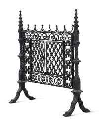 A Gothic Style Black Painted Wrought and Cast Iron Fire Screen