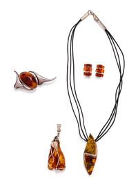 (Do not recommend re-offering) A Collection of Sterling Silver and Amber Jewelry,