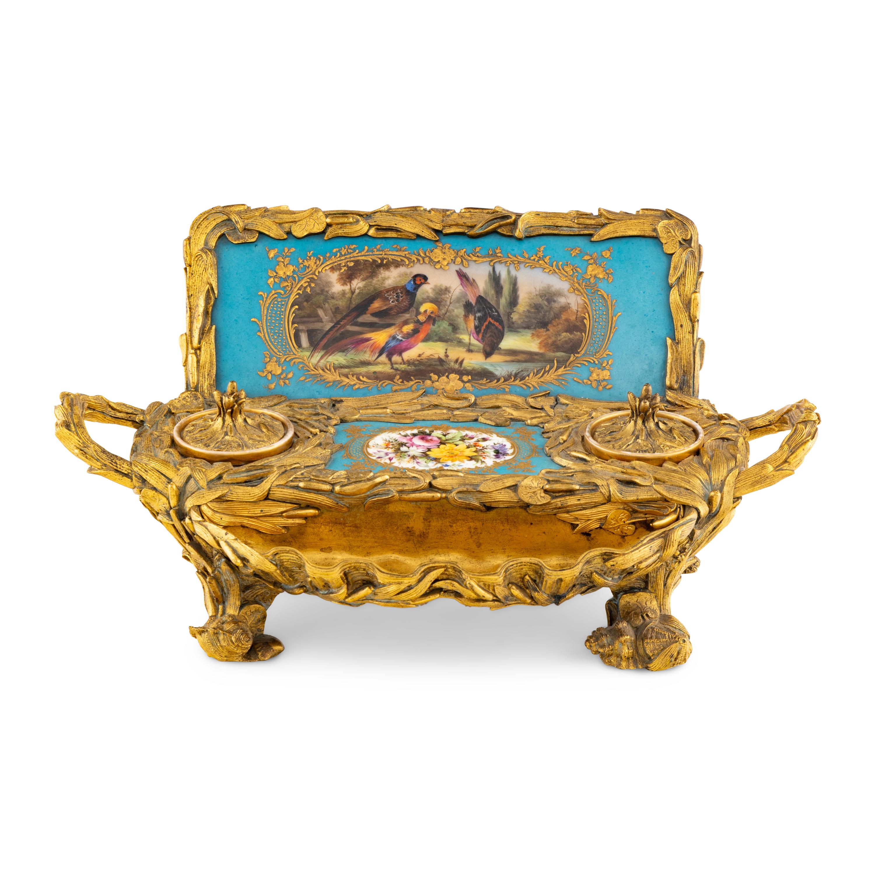 A French Gilt Bronze and Sèvres Style Porcelain Mounted Inkwell