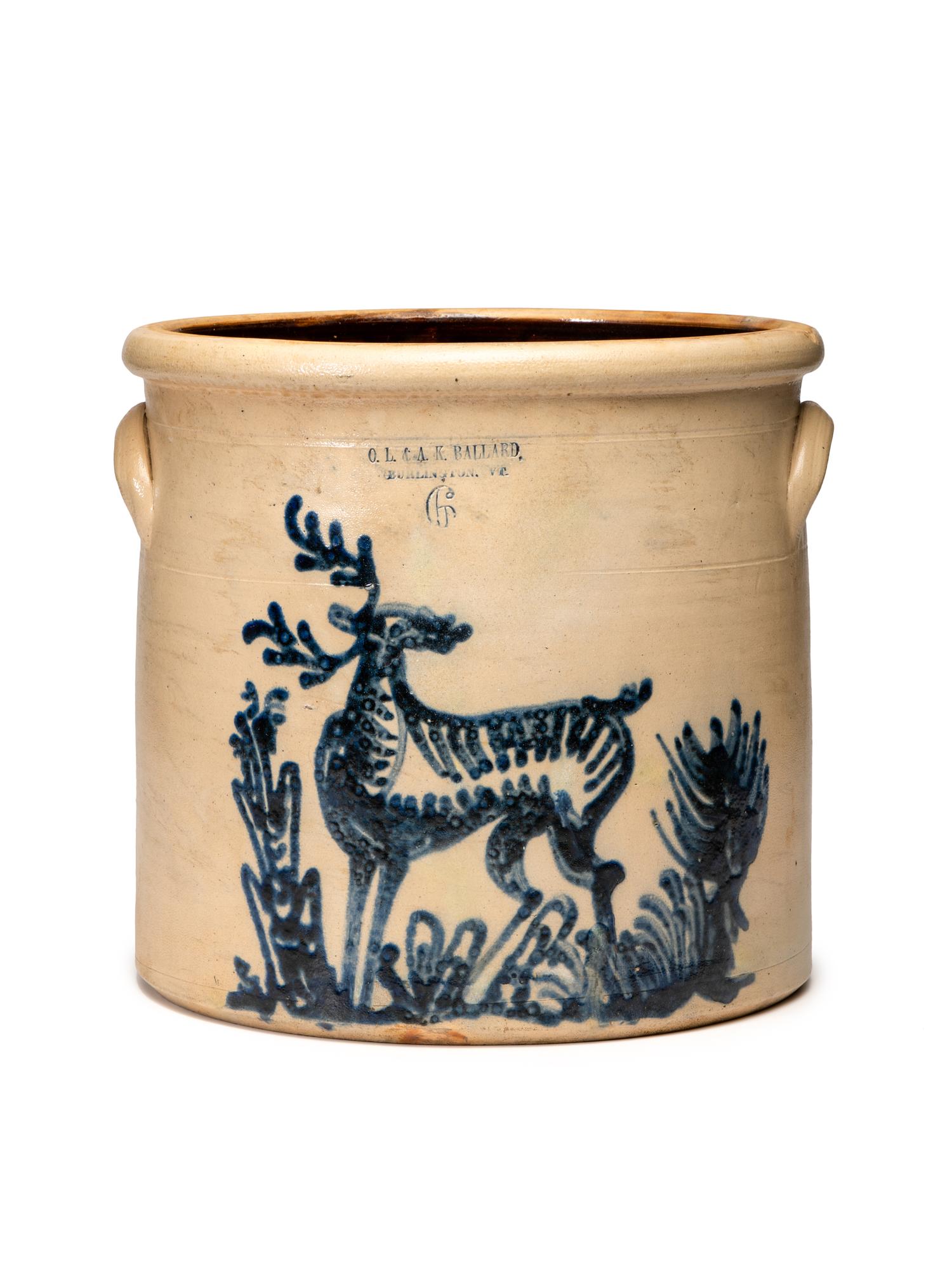 An Orrin & Alfred Ballard 6-Gallon Stoneware Crock with Cobalt Deer