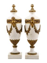 A Pair of Louis XVI Style Gilt Bronze and Marble Urns