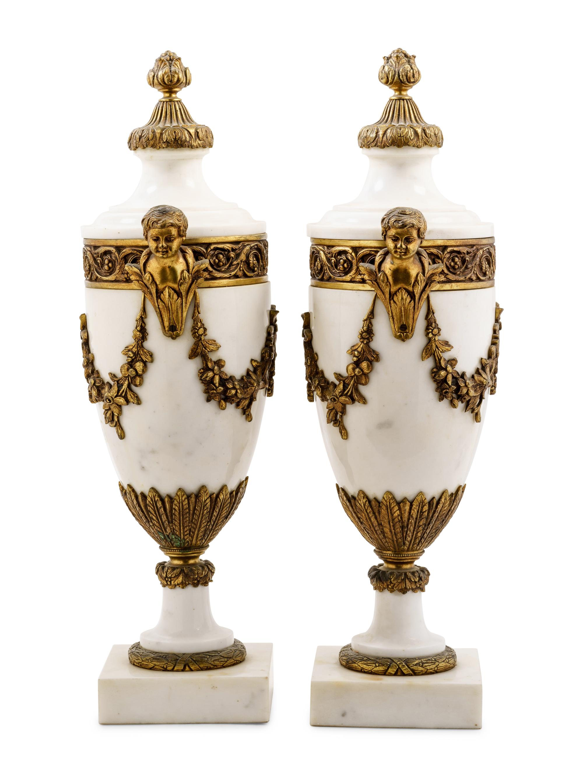 A Pair of Louis XVI Style Gilt Bronze and Marble Urns