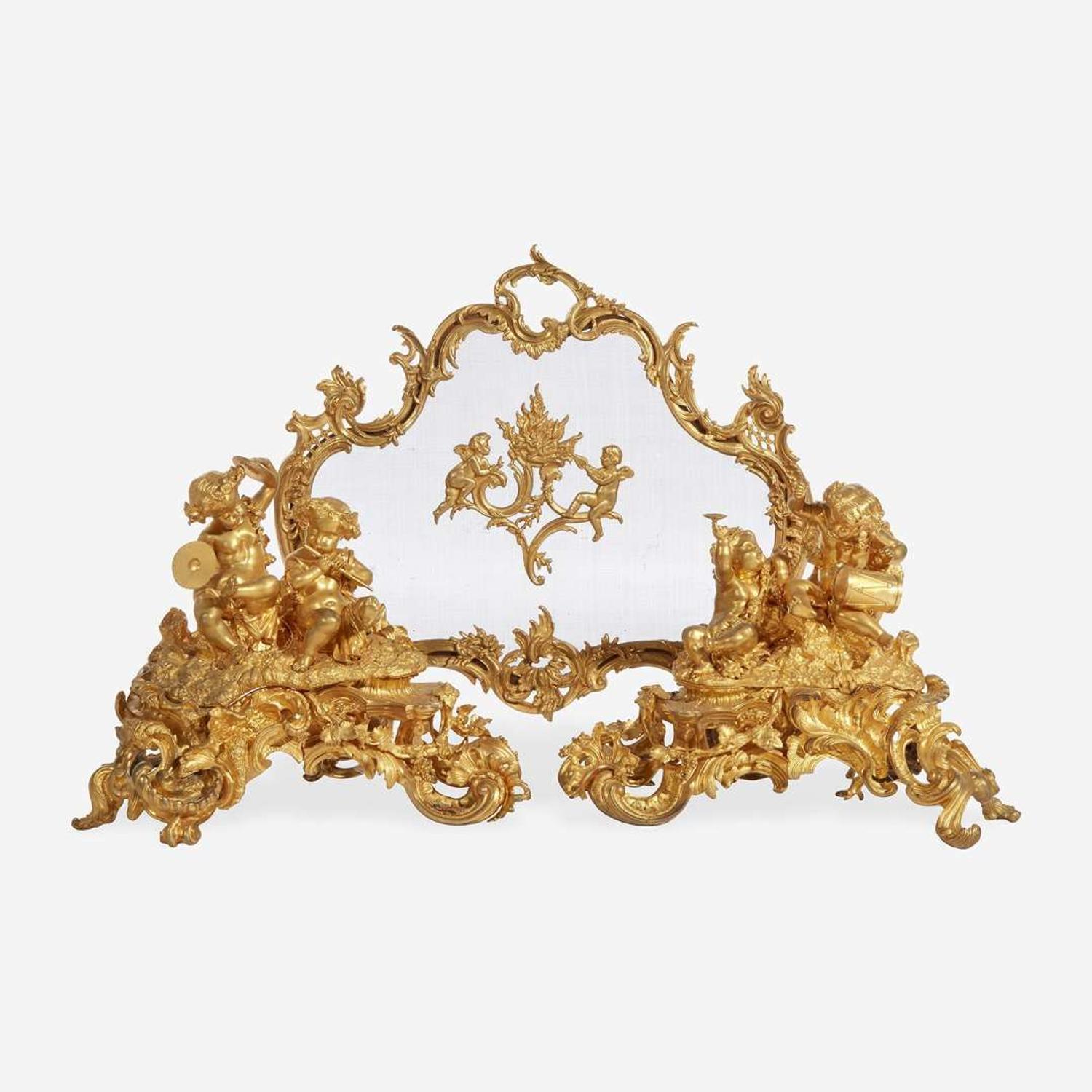 A Large Pair of Louis XV Style Gilt Bronze Figural Chenets