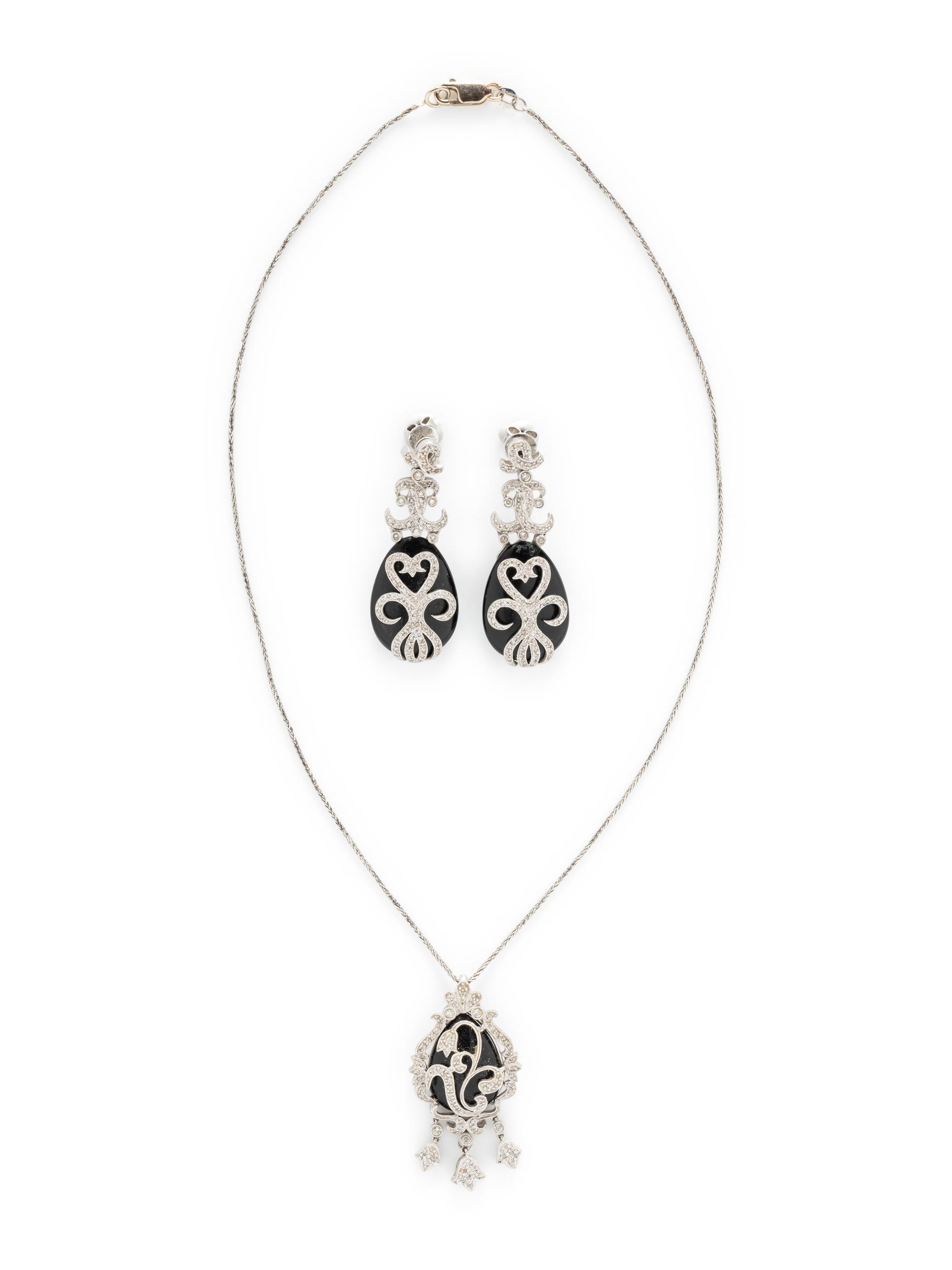WHITE GOLD, DIAMOND, AND BLACK HARDSTONE DEMI PARURE