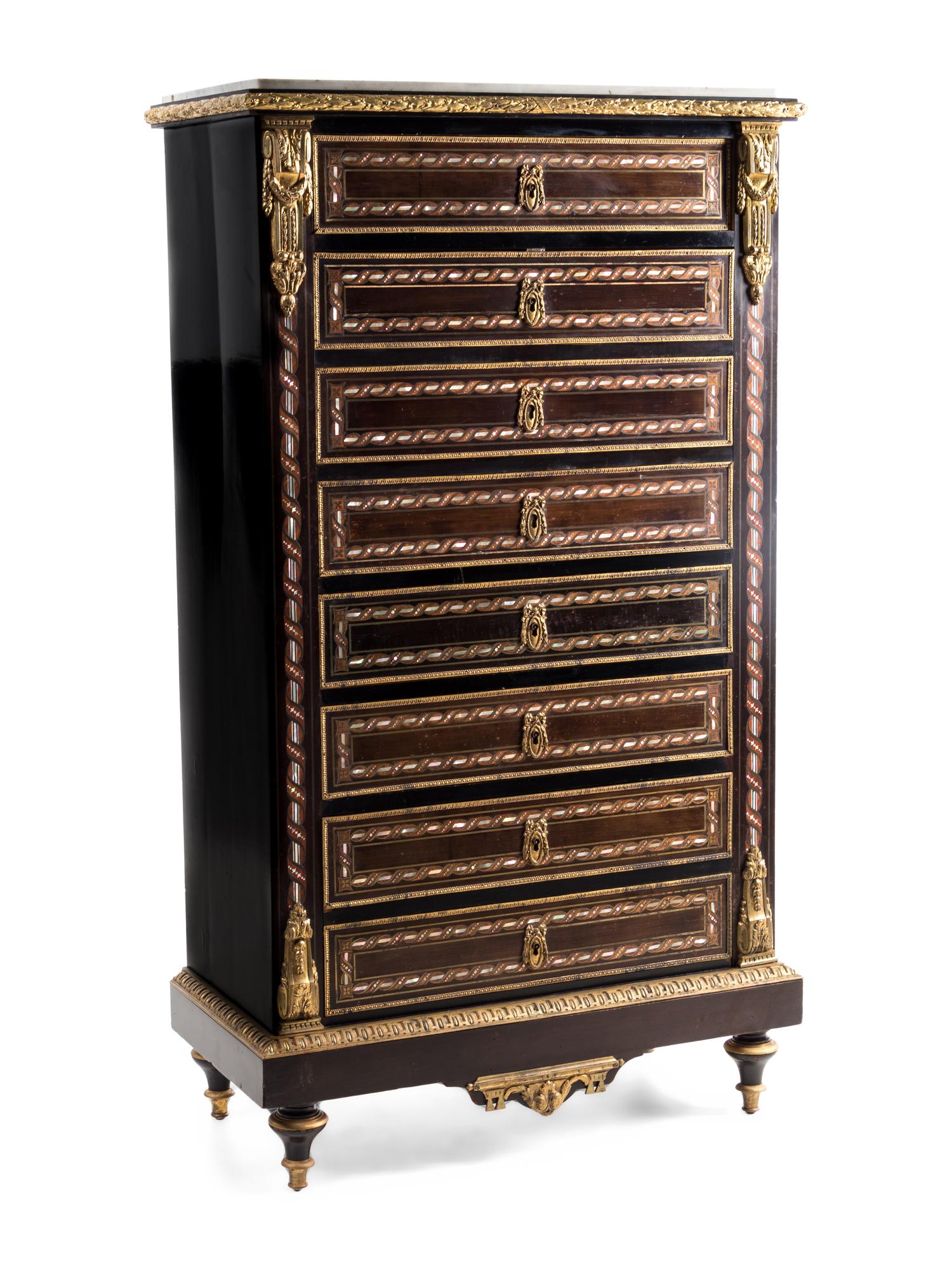 A Napoleon III Gilt Bronze Mounted Mother-of-Pearl Inlaid Semainier