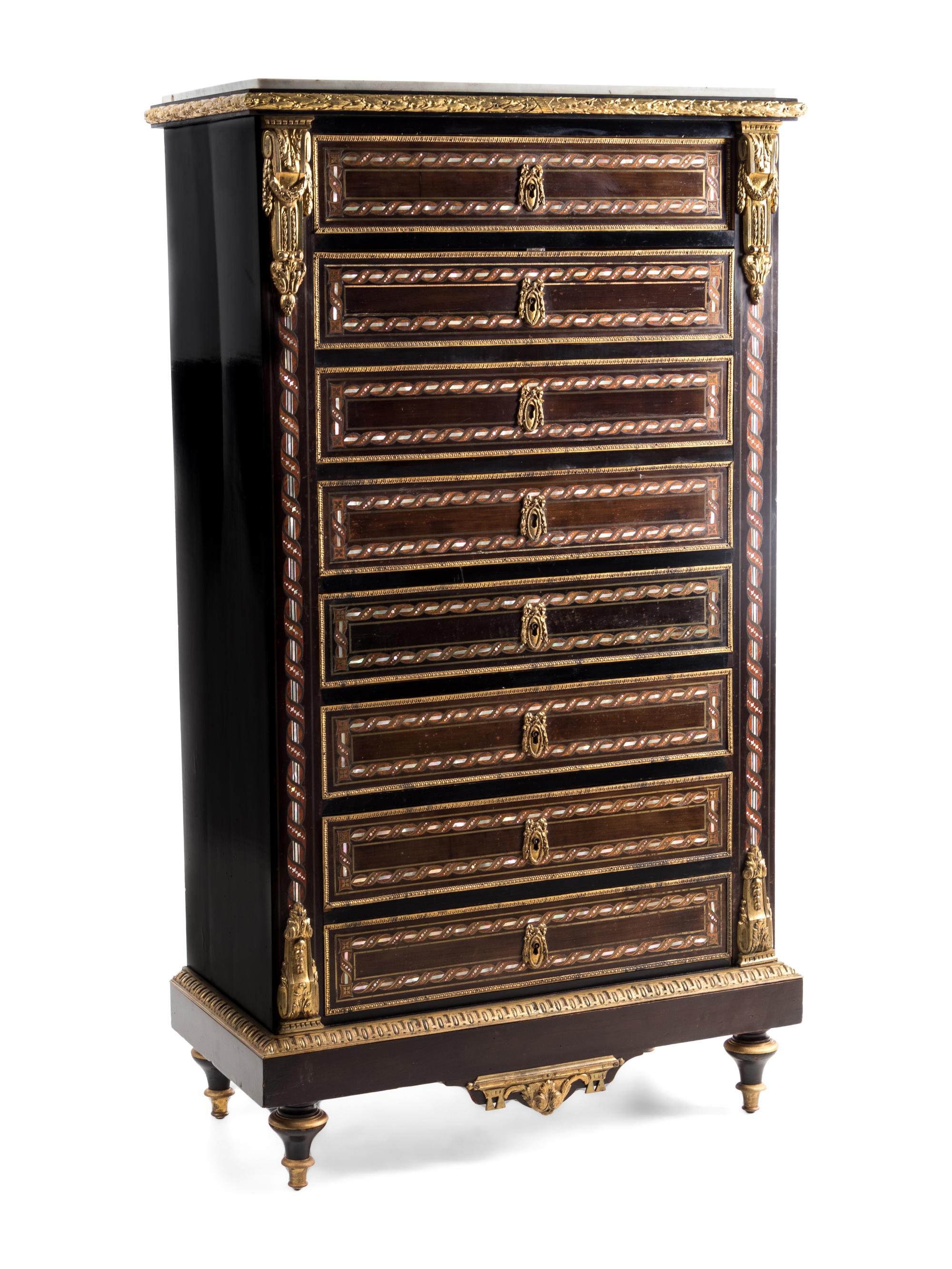 A Napoleon III Gilt Bronze Mounted Mother-of-Pearl Inlaid Semainier