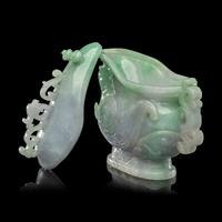A Chinese Apple Green and Lavender Jadeite 'Phoenix' Covered Gong Vessel, Late 19th-20th Century 晚清-民國 翡翠鳳紋觥