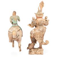 A Chinese Terracotta Equestrian Figure and a Standing Warrior with Lion