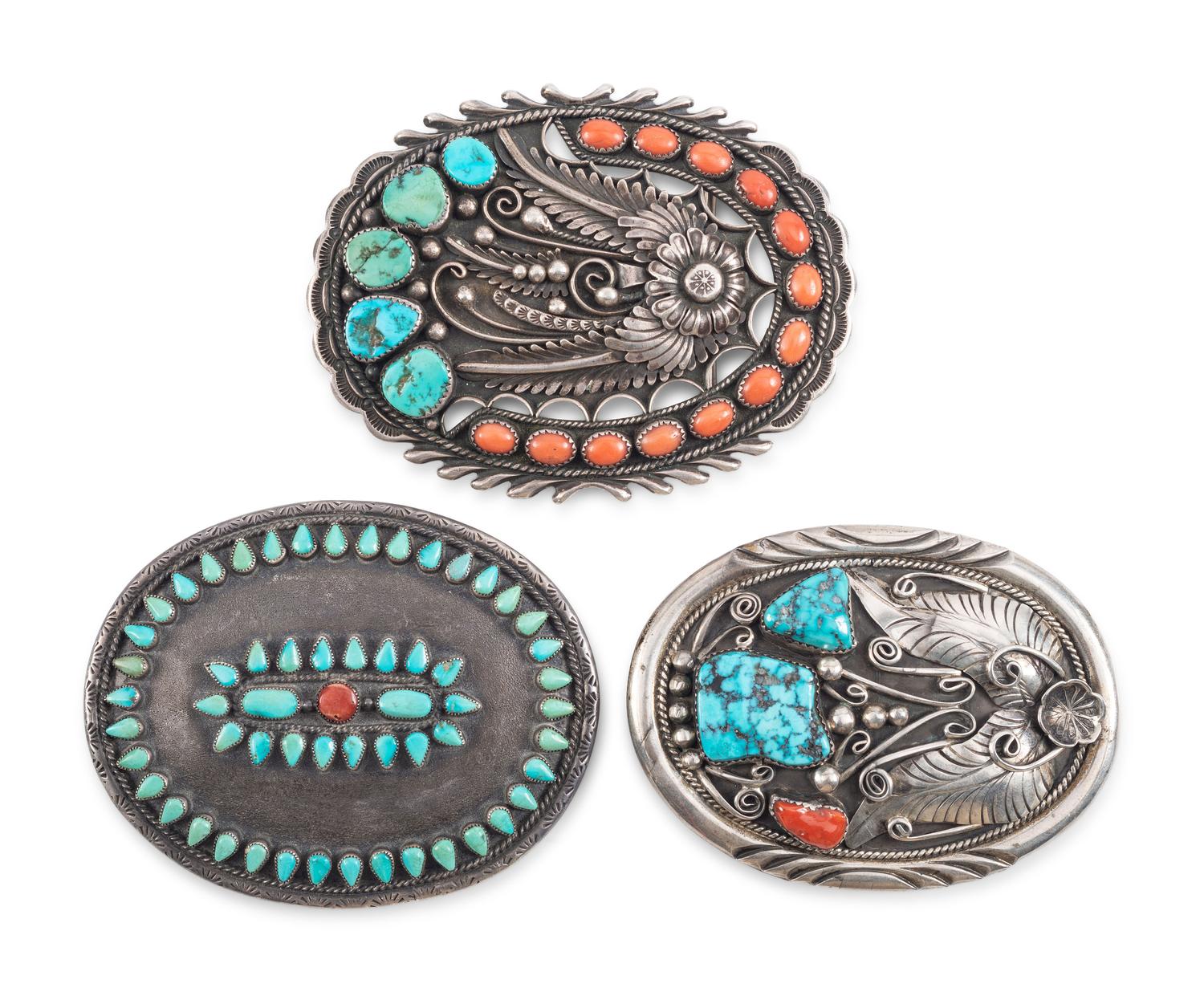 Navajo Silver, Turquoise, and Coral Belt Buckles