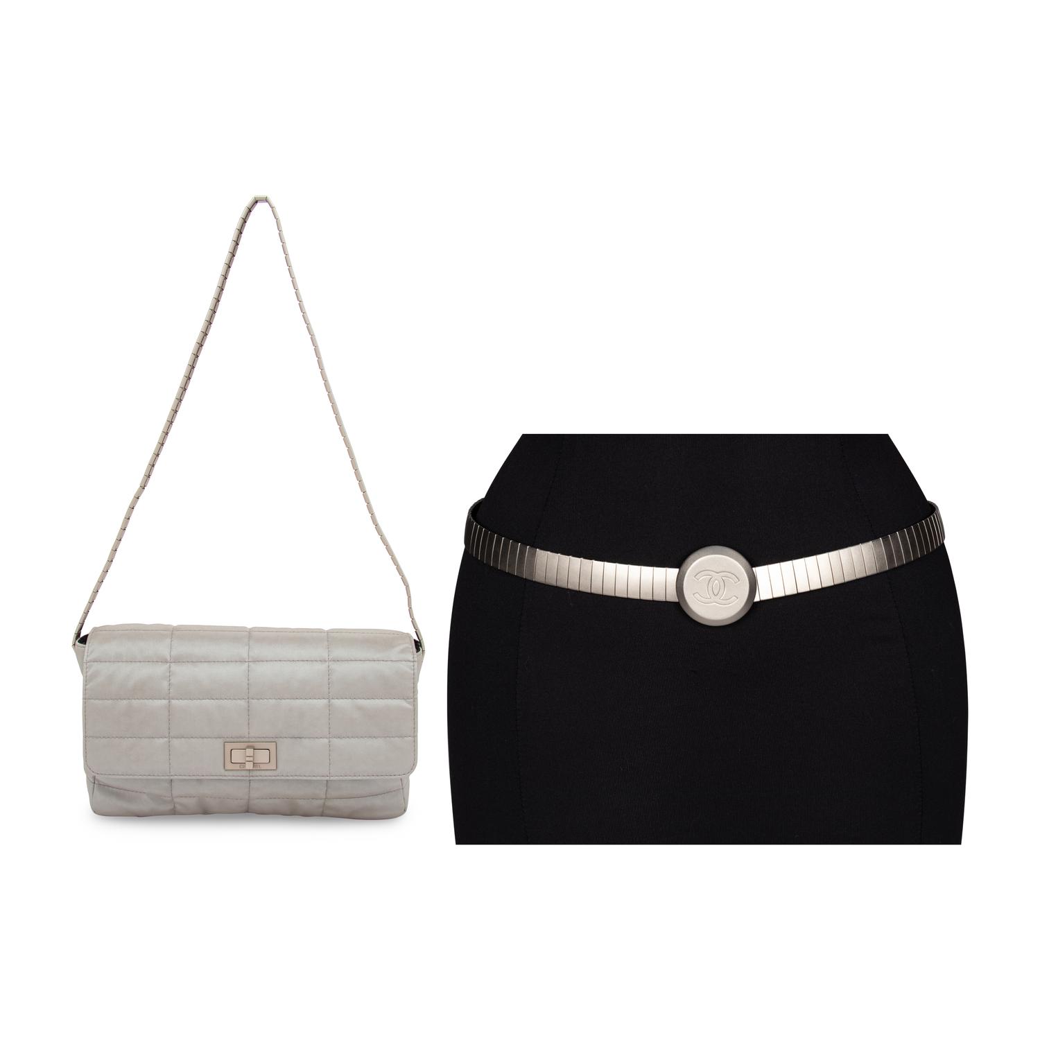 Chanel, Silver Nylon Flap Bag & Matching Belt