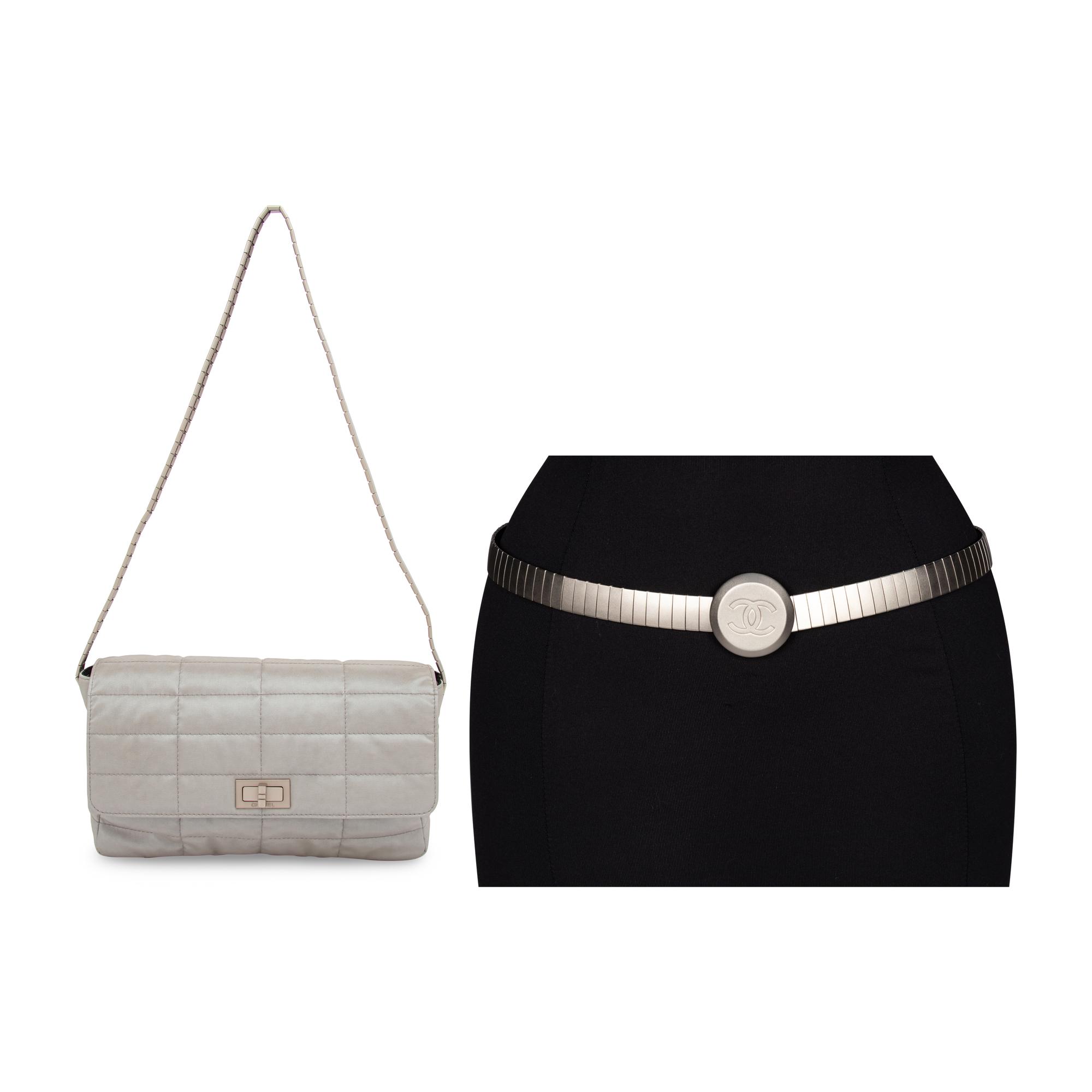 Chanel, Silver Nylon Flap Bag & Matching Belt