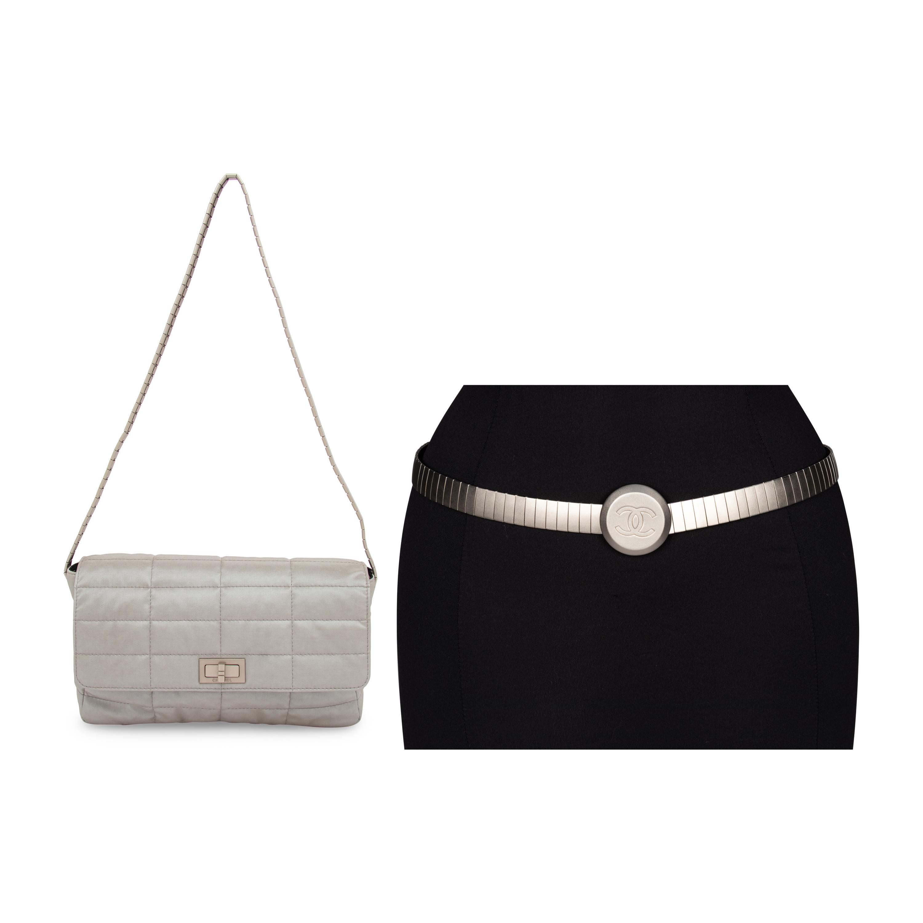 Chanel, Silver Nylon Flap Bag & Matching Belt