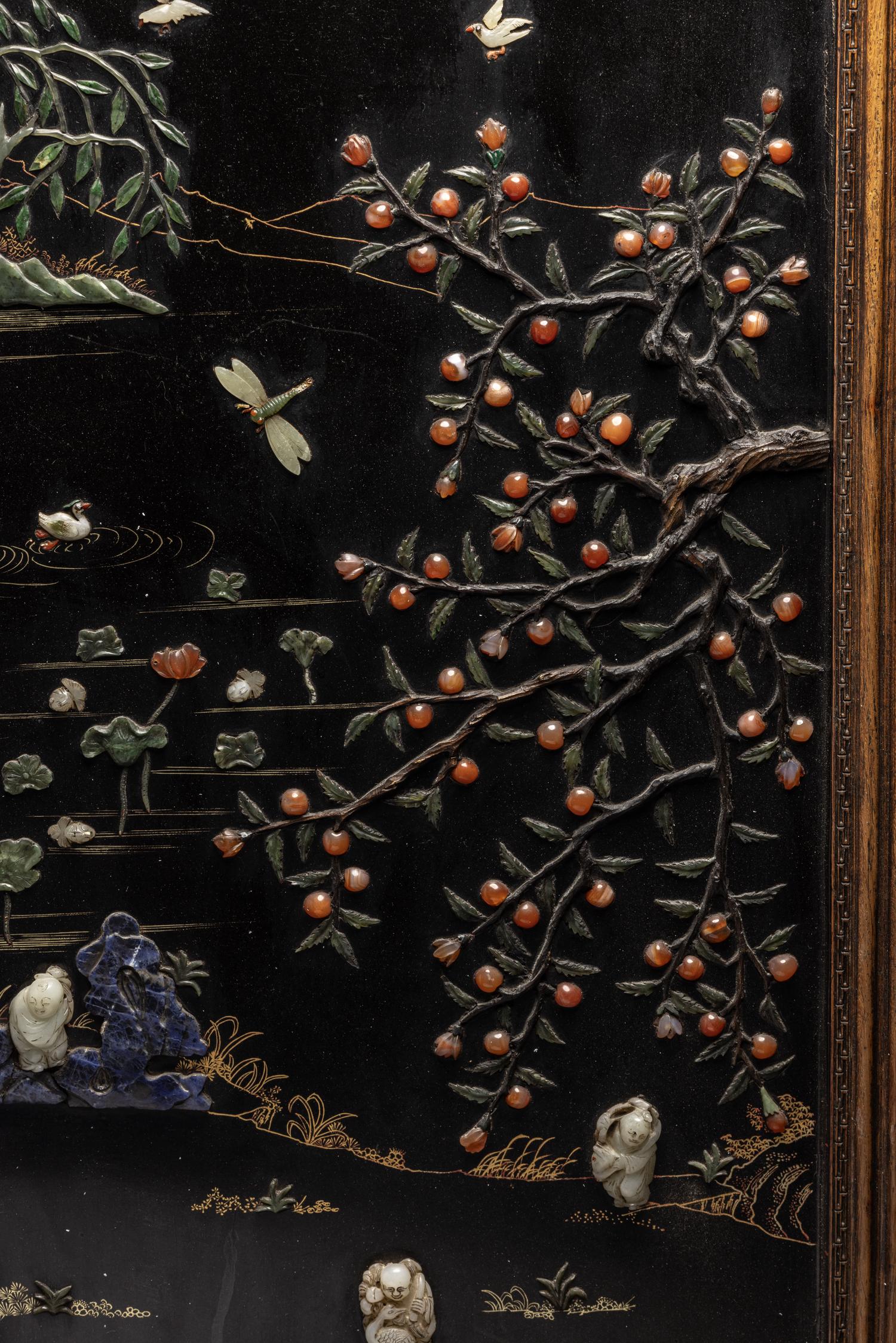 A Pair of Chinese Black Lacquered Hardstone Inset Rectangular Wall Panels