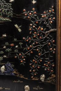 A Pair of Chinese Black Lacquered Hardstone Inset Rectangular Wall Panels