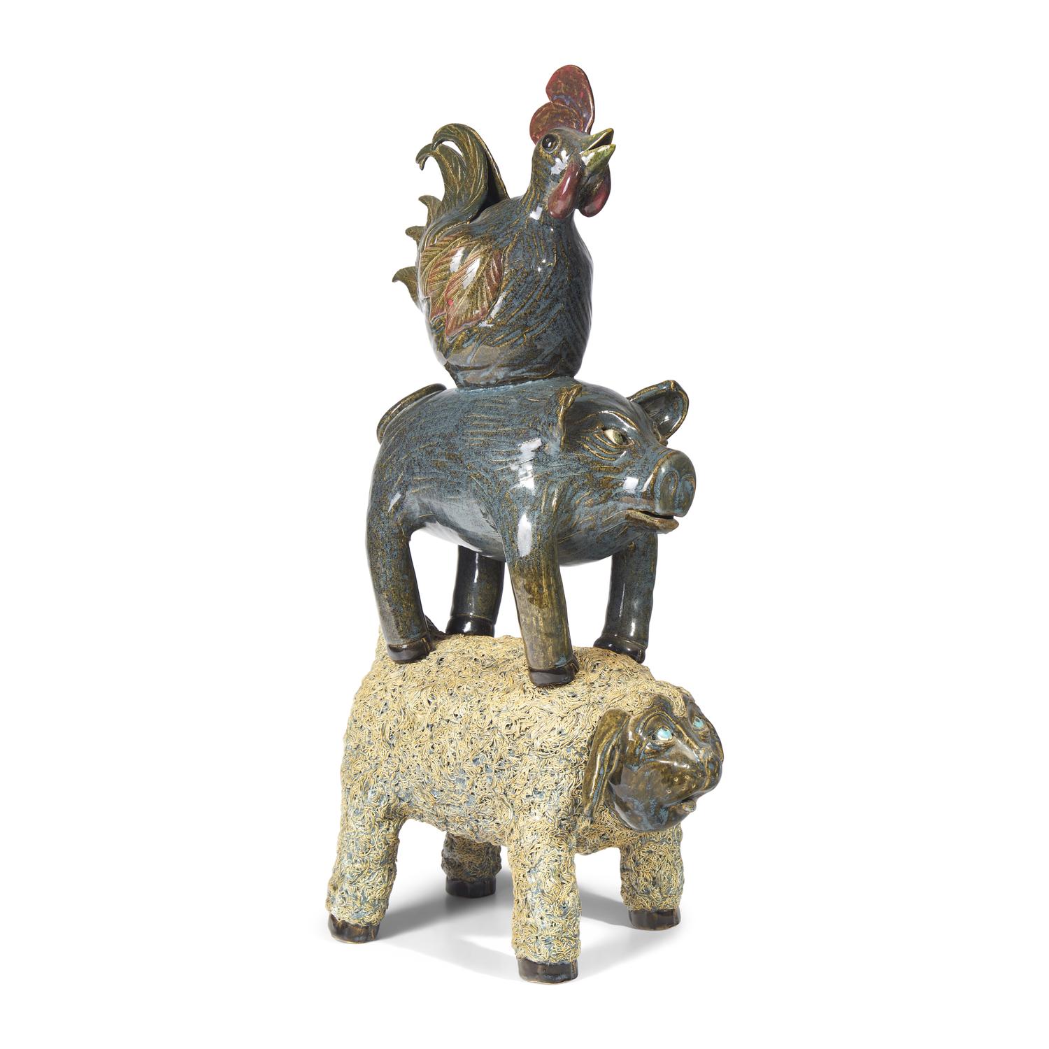 Lin Craven (1946-2011), A Glazed Stoneware Stacked Animal Group: Sheep, Pig, and Rooster