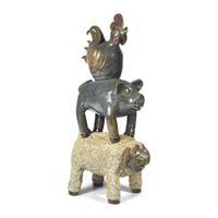 Lin Craven (1946-2011), A Glazed Stoneware Stacked Animal Group: Sheep, Pig, and Rooster