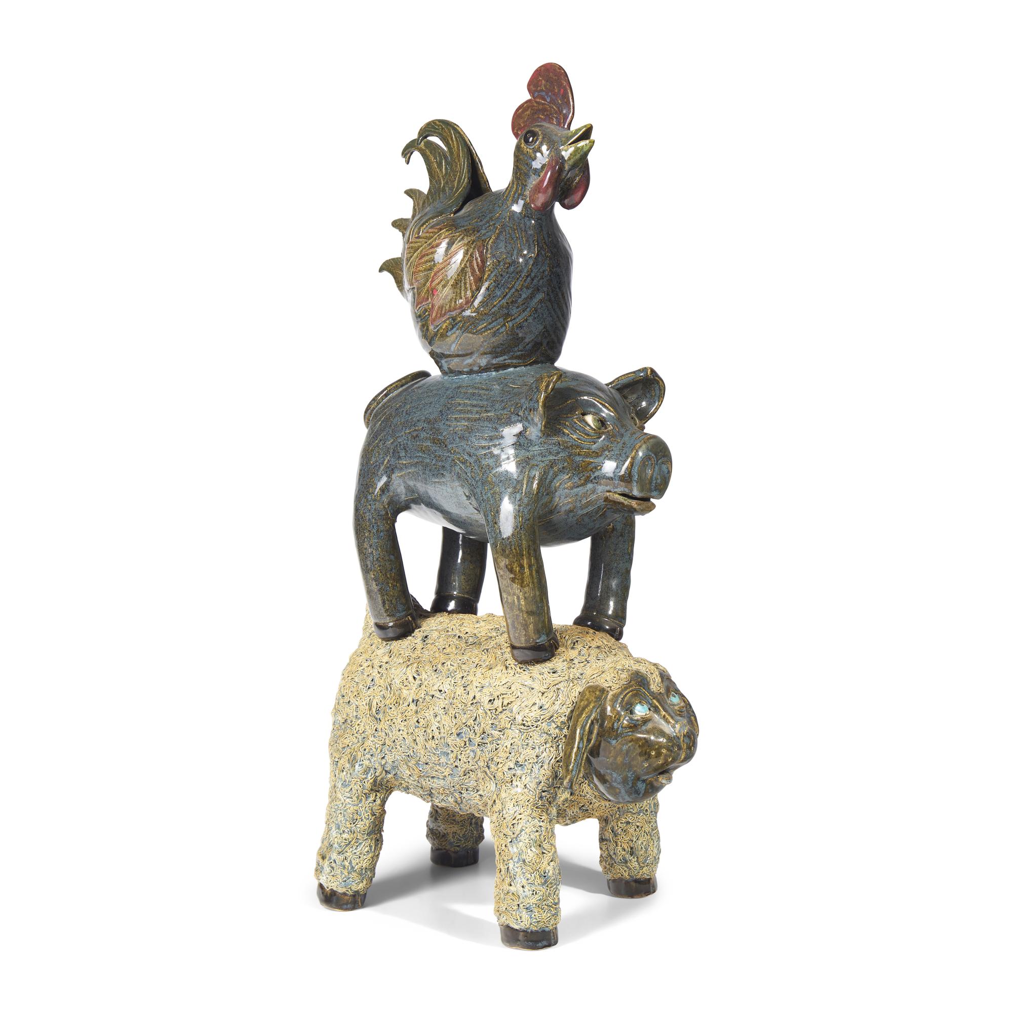 Lin Craven (1946-2011), A Glazed Stoneware Stacked Animal Group: Sheep, Pig, and Rooster