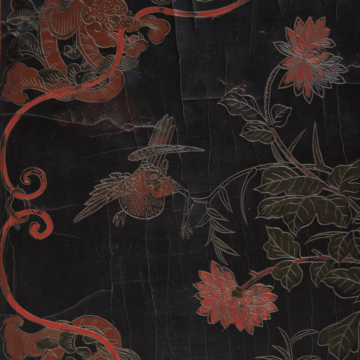 A Chinese Qiangjin and Tianqi Lacquer Rectangular Tray, 19th Century 清中期 戧金填漆花鳥圖長方盤