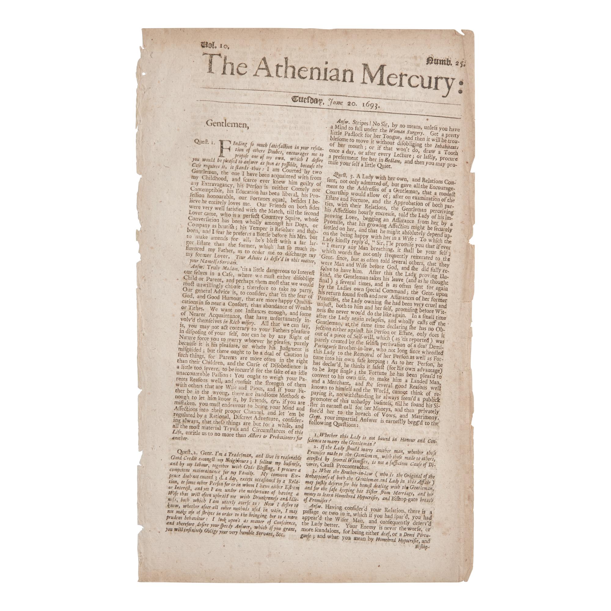 [Salem Witch Trials] Printed Ad for Increase Mather's "Tryals of the New-England Witches", in The Athenian Mercury