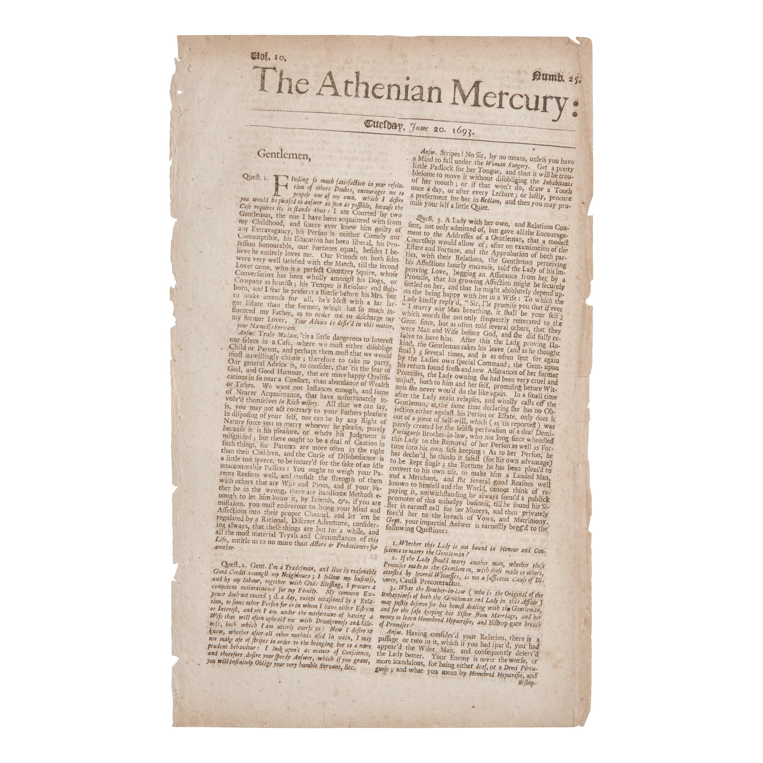 [Salem Witch Trials] Printed Ad for Increase Mather's "Tryals of the New-England Witches", in The Athenian Mercury