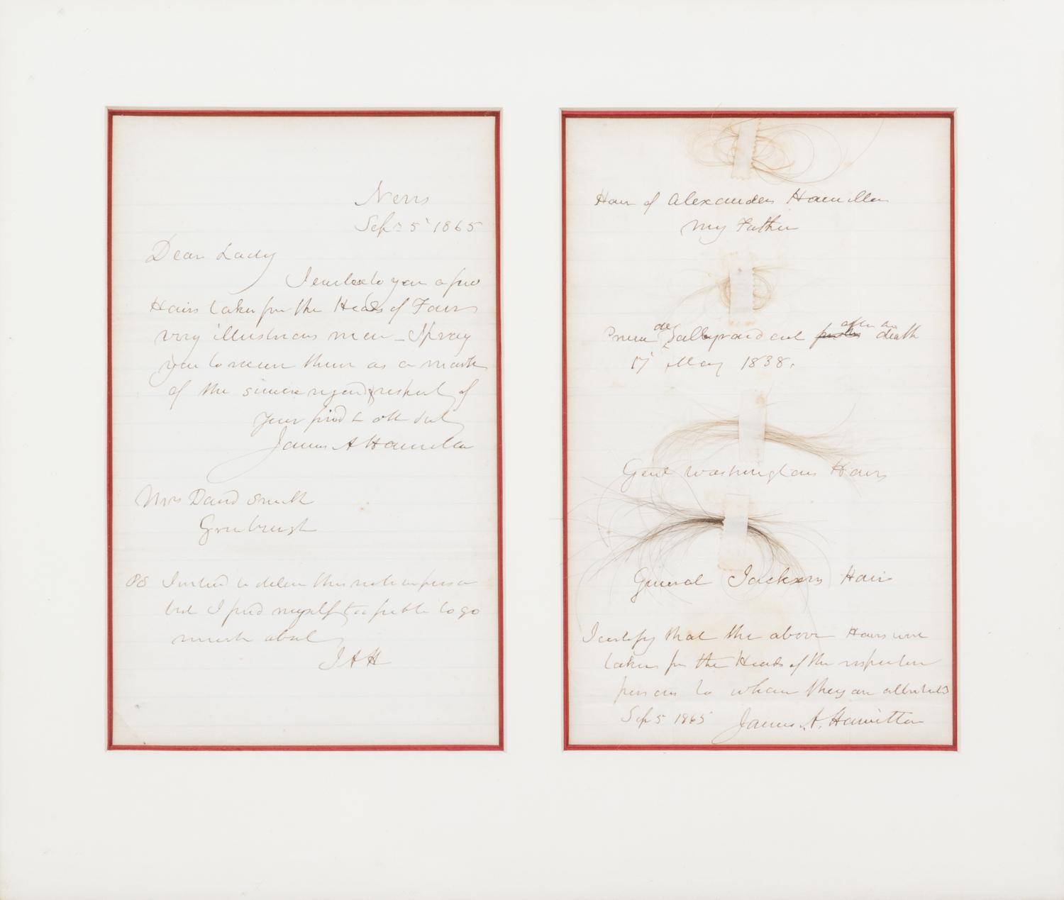 (RELIC) FOUNDING FATHERS. Locks of hair of Washington, Hamilton, Jackson and Talleyrand. w/letter of pres. fr. James Hamilton, 1865.
