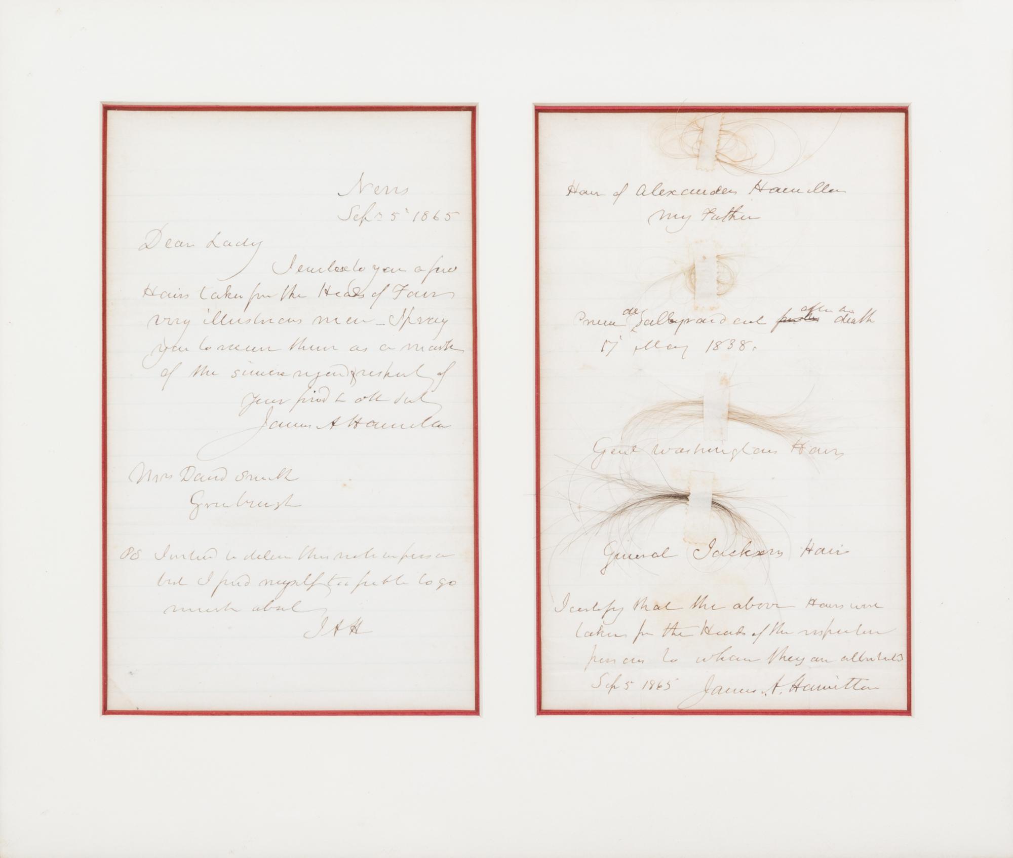 (RELIC) FOUNDING FATHERS. Locks of hair of Washington, Hamilton, Jackson and Talleyrand. w/letter of pres. fr. James Hamilton, 1865.