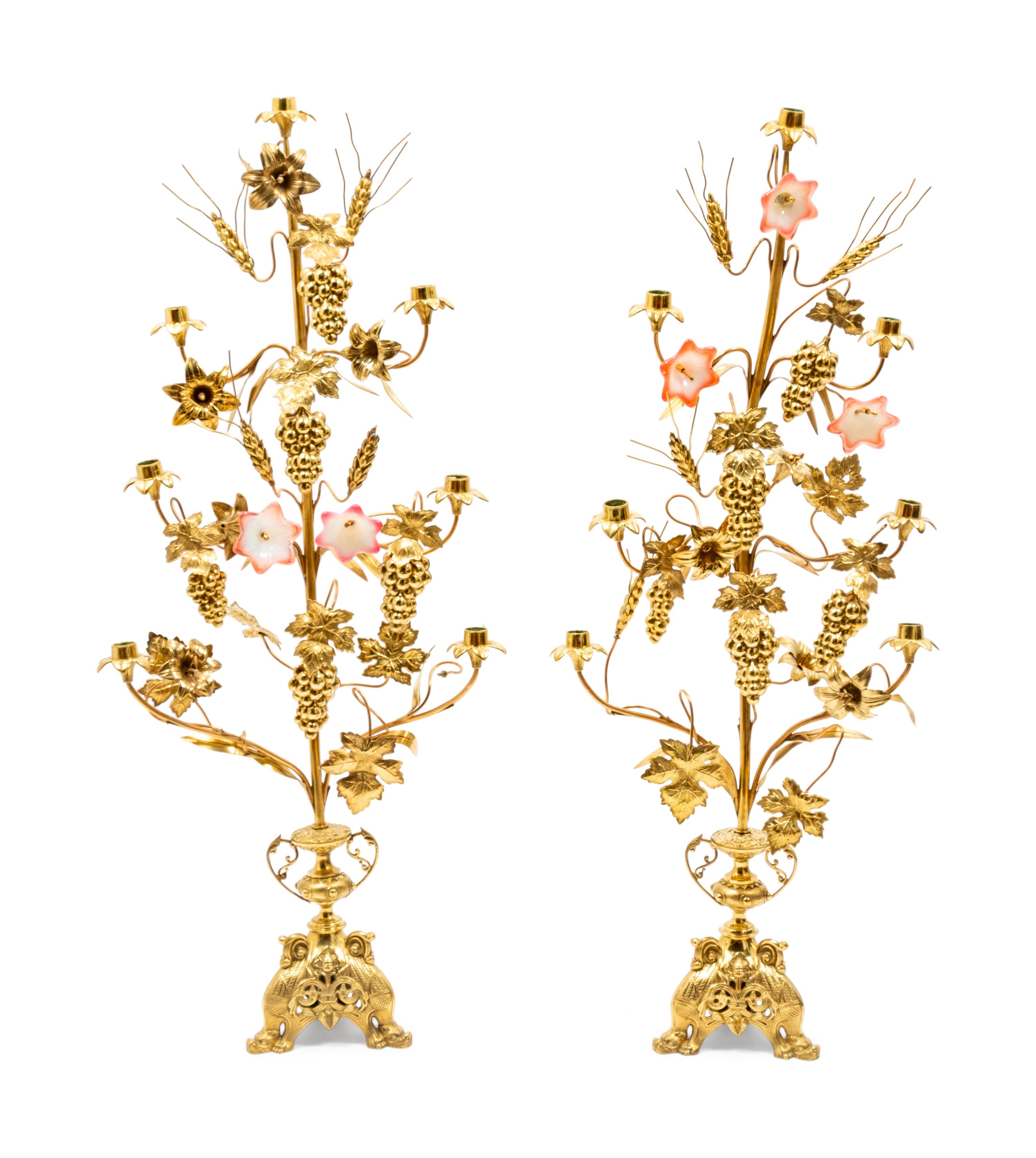 A Pair of Victorian Brass and Glass Seven-Light Candelabra