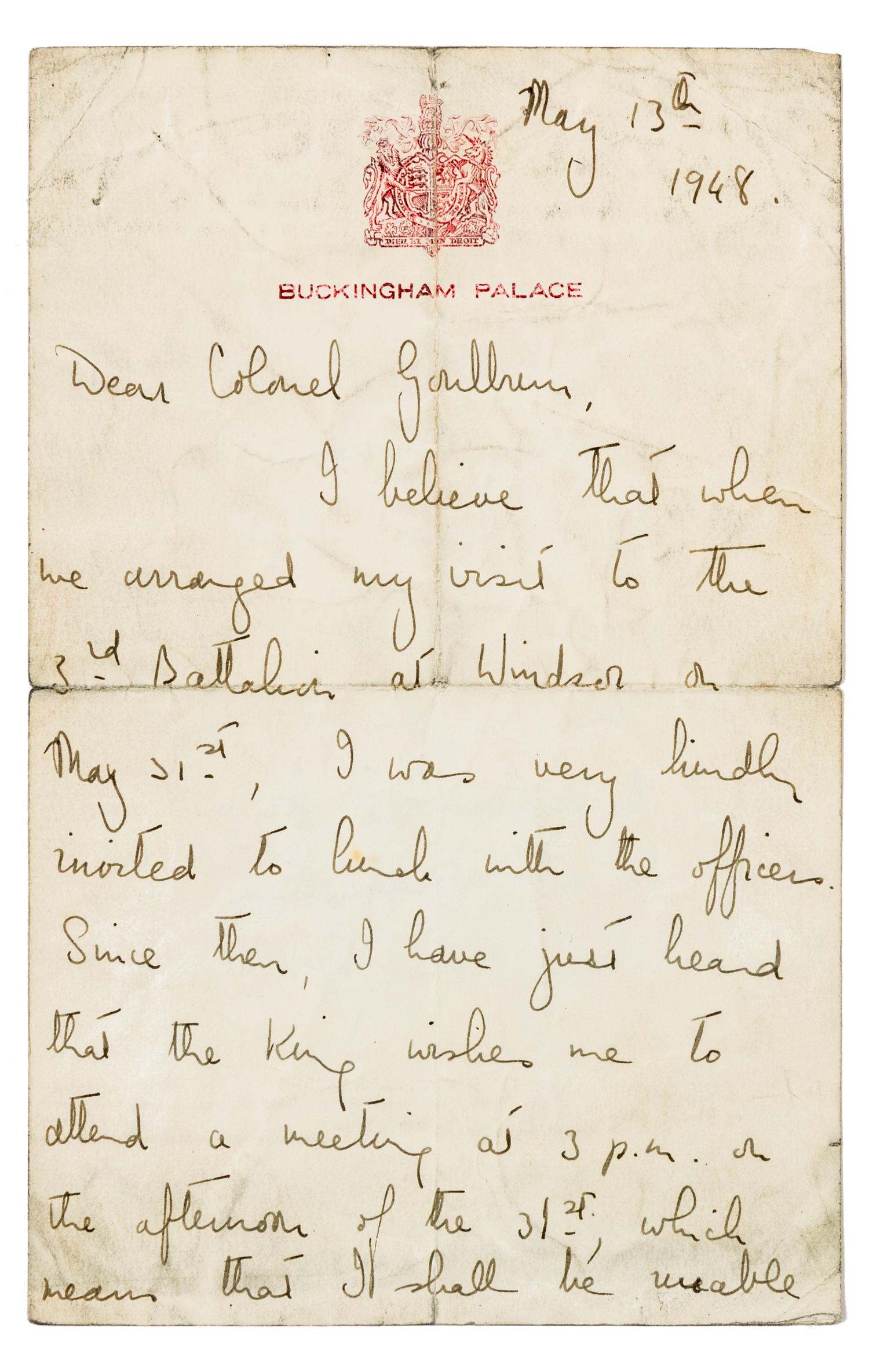 ELIZABETH II, Queen of England (b. 1926). Autographed letter signed ("Elizabeth"), as princess, to Colonel Goullrem, Lndn, 13 May 1948.
