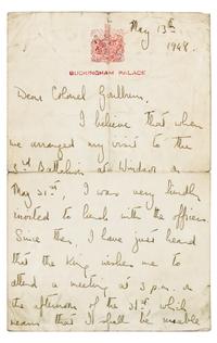 ELIZABETH II, Queen of England (b. 1926). Autographed letter signed ("Elizabeth"), as princess, to Colonel Goullrem, Lndn, 13 May 1948.