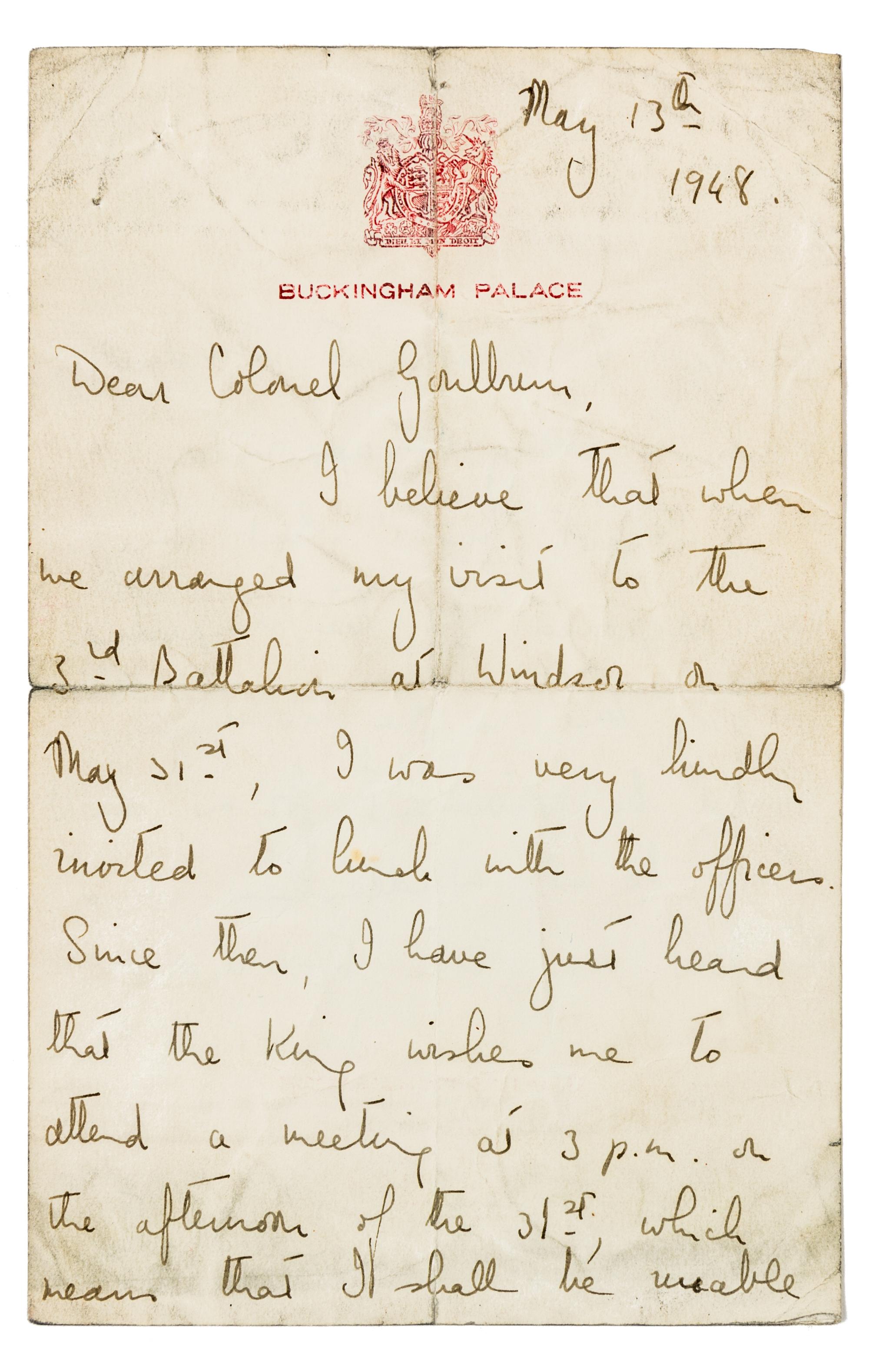 ELIZABETH II, Queen of England (b. 1926). Autographed letter signed ("Elizabeth"), as princess, to Colonel Goullrem, Lndn, 13 May 1948.