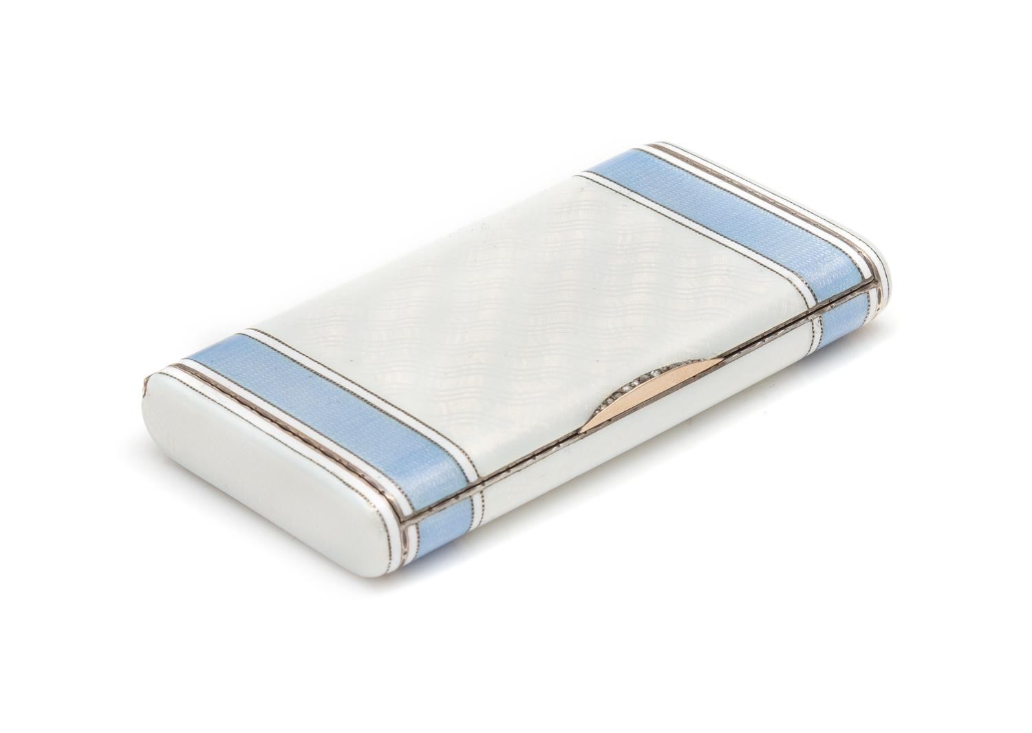 A Russian Guilloche Enameled and Diamond Inset Snuff Box, Mark of Ivan Britzin, St. Petersburg, 19th/20th Century, the white guilloche