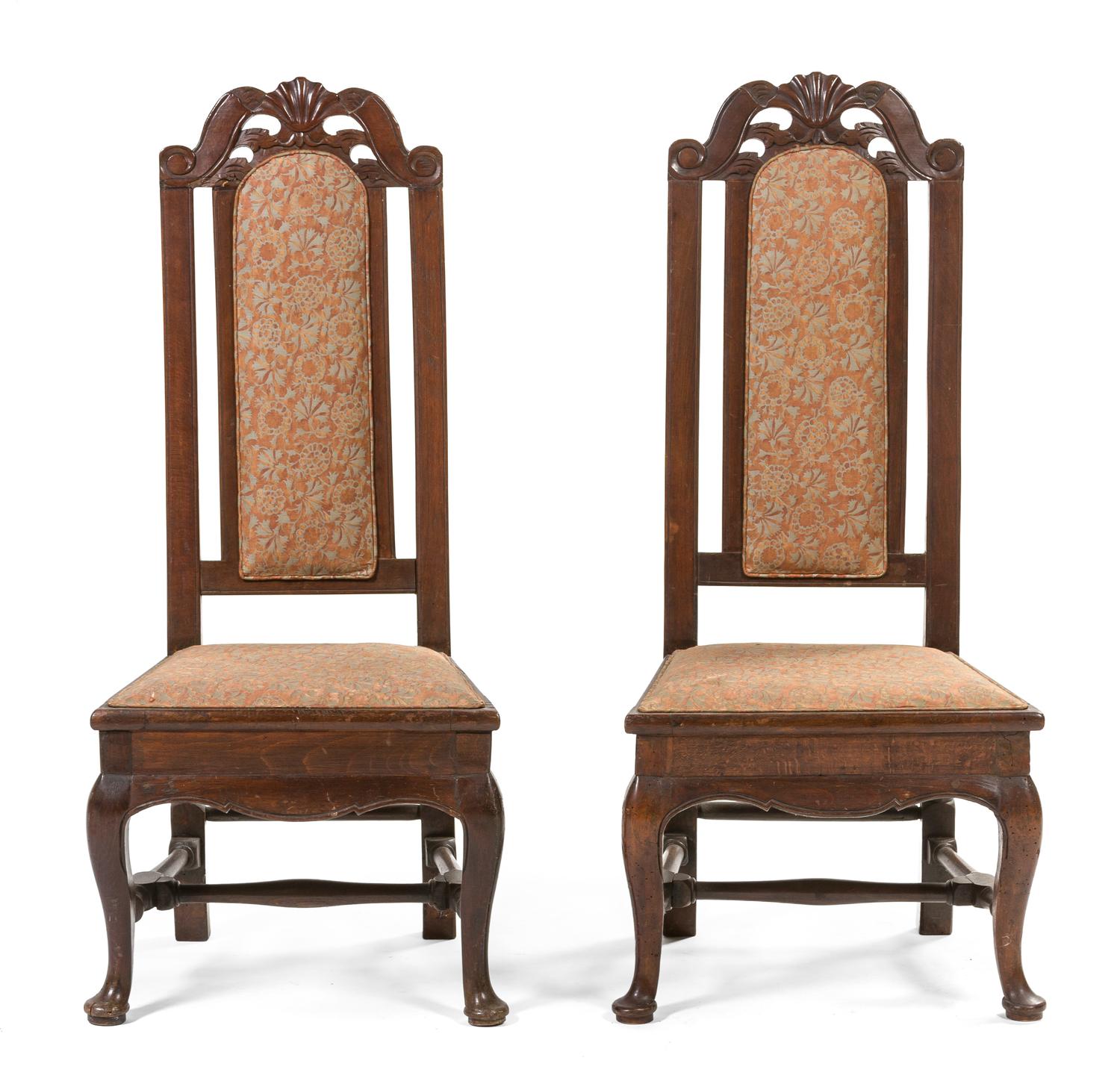 A Pair of Italian Walnut Hall Chairs, Height 43 inches.