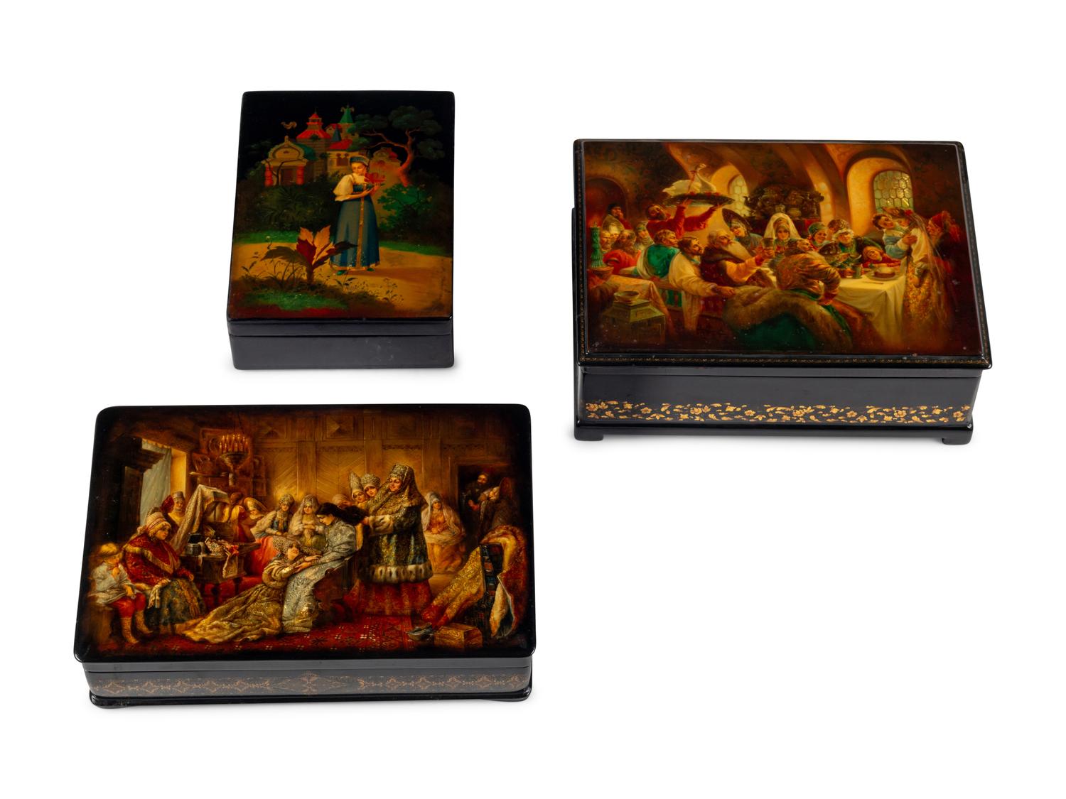 A Set of Three Large Fedoskino Lacquer Boxes