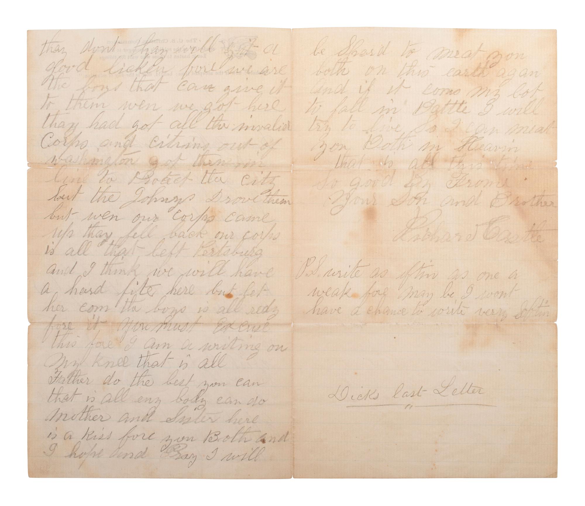 [CIVIL WAR]. Letter written by Sergeant Richard Castle, Company G, 43rd New York Volunteer Infantry, on the day he was KIA at Fort Stevens. "Camp Near Fort Stevens, Washington," 12 July 1864.