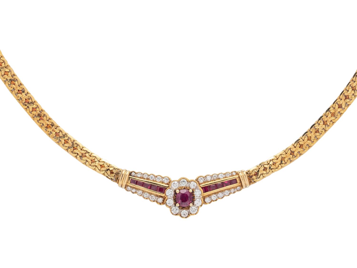 YELLOW GOLD, SYNTHETIC RUBY AND DIAMOND NECKLACE