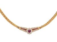 YELLOW GOLD, SYNTHETIC RUBY AND DIAMOND NECKLACE