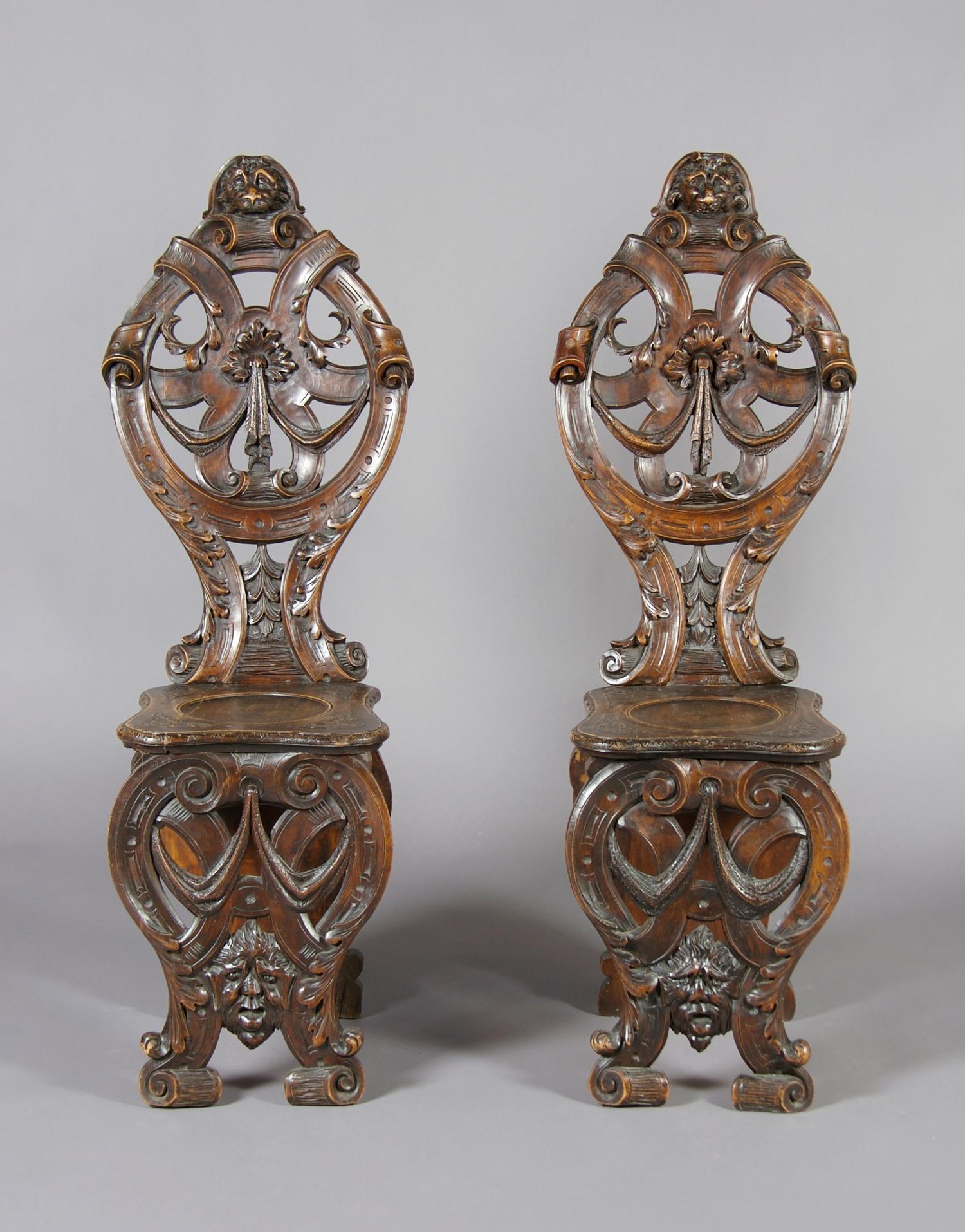 A Pair of Renaissance Revival Scabello Chairs, Height 44 inches.