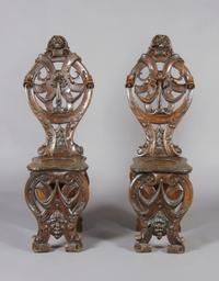 A Pair of Renaissance Revival Scabello Chairs, Height 44 inches.