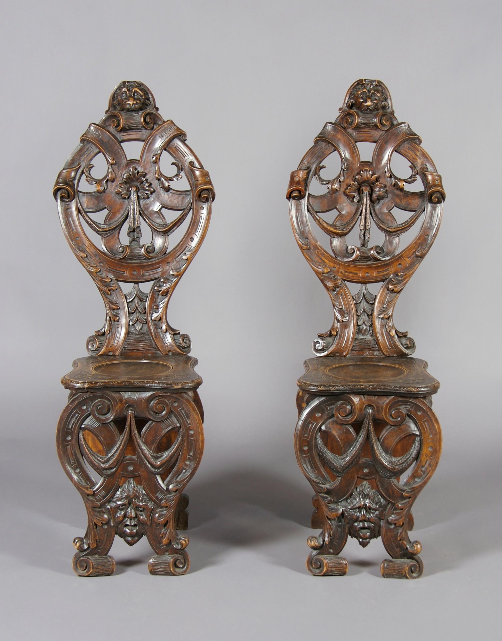 A Pair of Renaissance Revival Scabello Chairs, Height 44 inches.