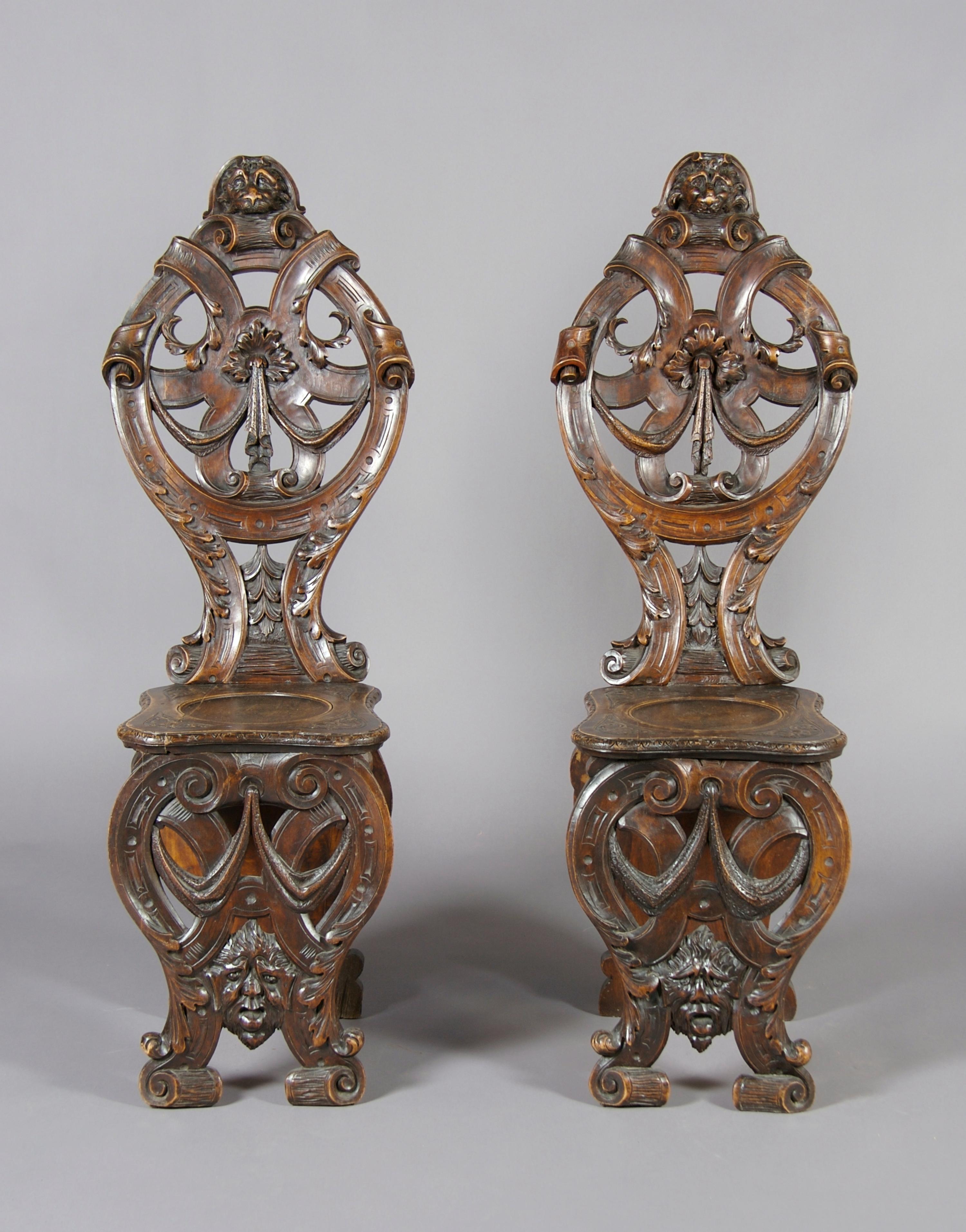 A Pair of Renaissance Revival Scabello Chairs, Height 44 inches.