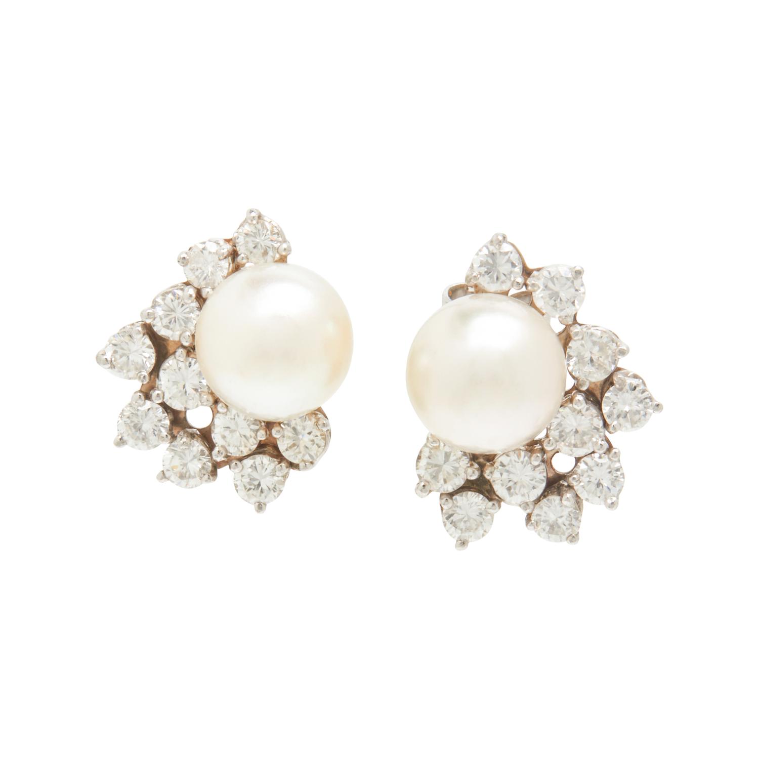 CULTURED PEARL AND DIAMOND STUD EARRINGS