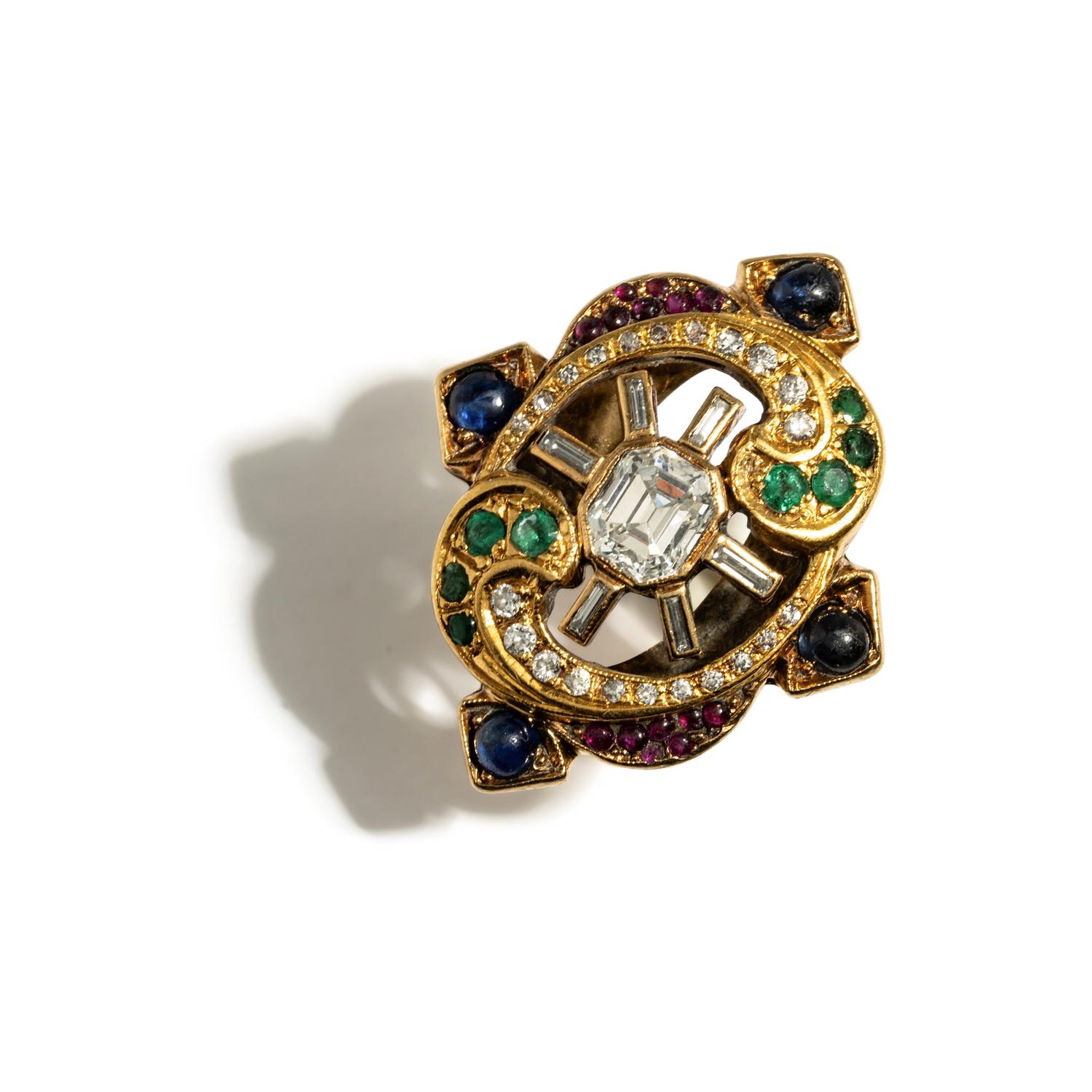 YELLOW GOLD, MULTIGEM, AND EMERALD CUT CUBIC ZIRCONIA RING