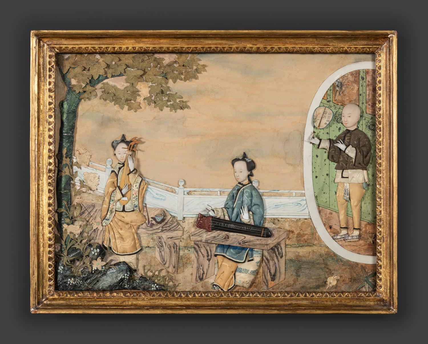 A Chinese Export Trapunto and Painted Silk Embroidery Panel