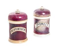 A Pair of German Ceramic Apothecary Jars, Height 10 1/2 inches.