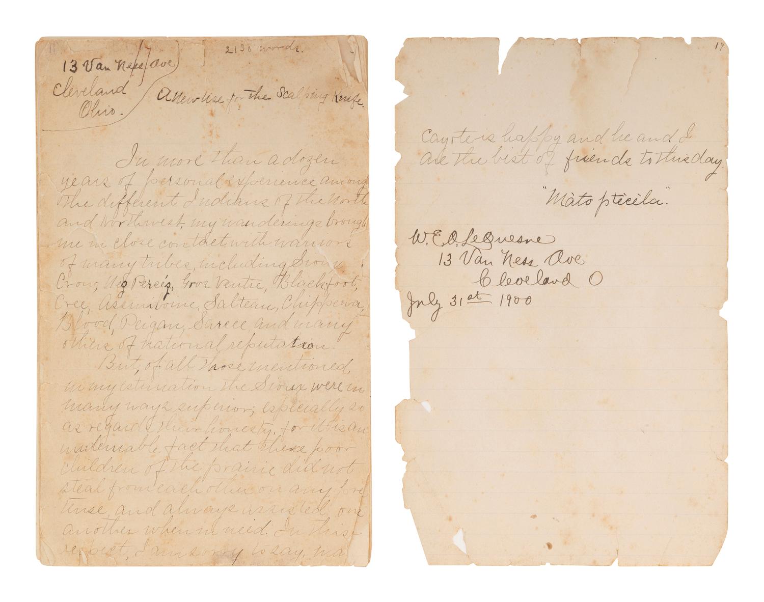 [WESTERN AMERICANA]. Archive of US Army Indian Scout and interpreter, William E. Archbold LeQuesne (1858-1915), featuring retrospective accounts of Sitting Bull and the Plains Indians Wars.