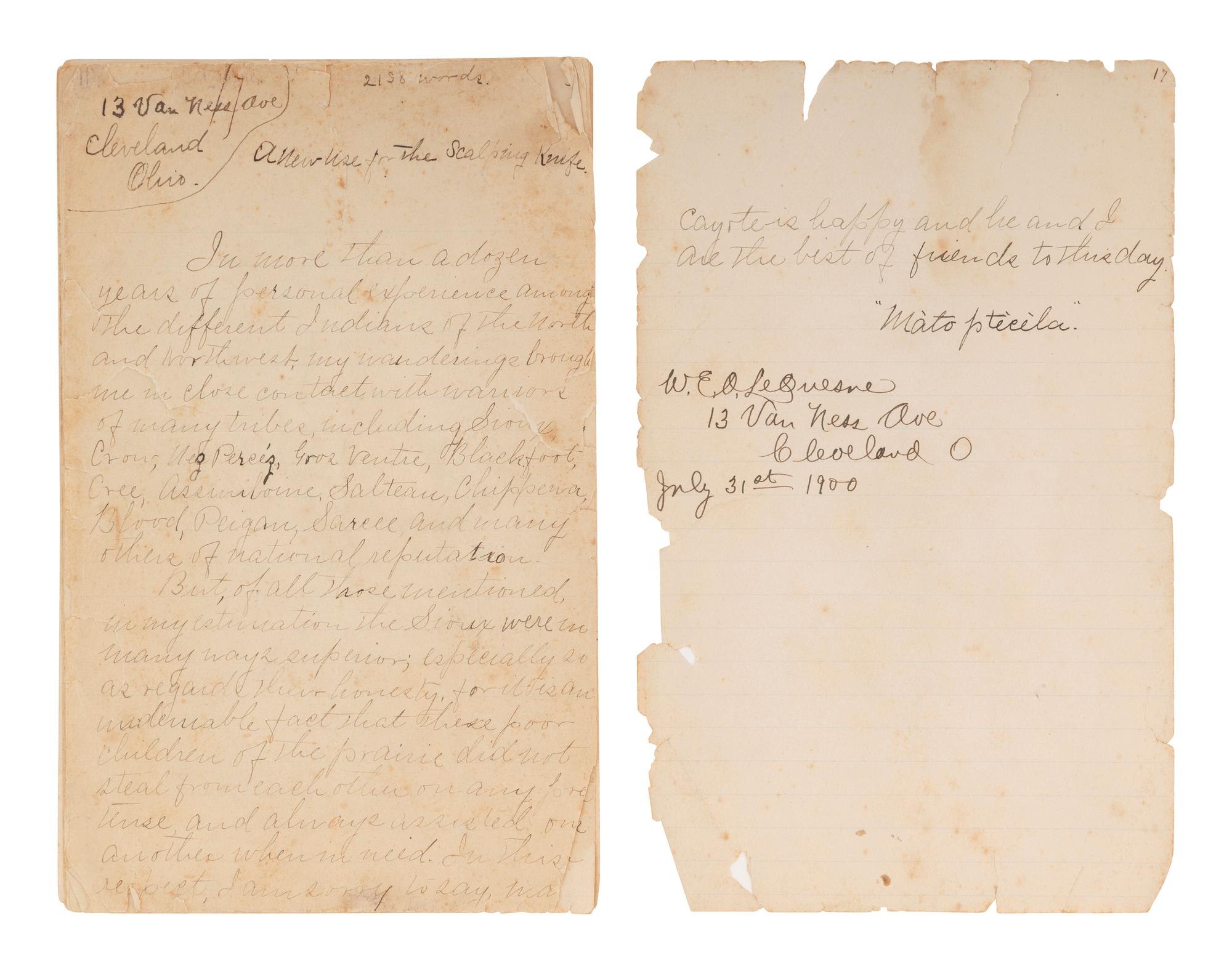 [WESTERN AMERICANA]. Archive of US Army Indian Scout and interpreter, William E. Archbold LeQuesne (1858-1915), featuring retrospective accounts of Sitting Bull and the Plains Indians Wars.